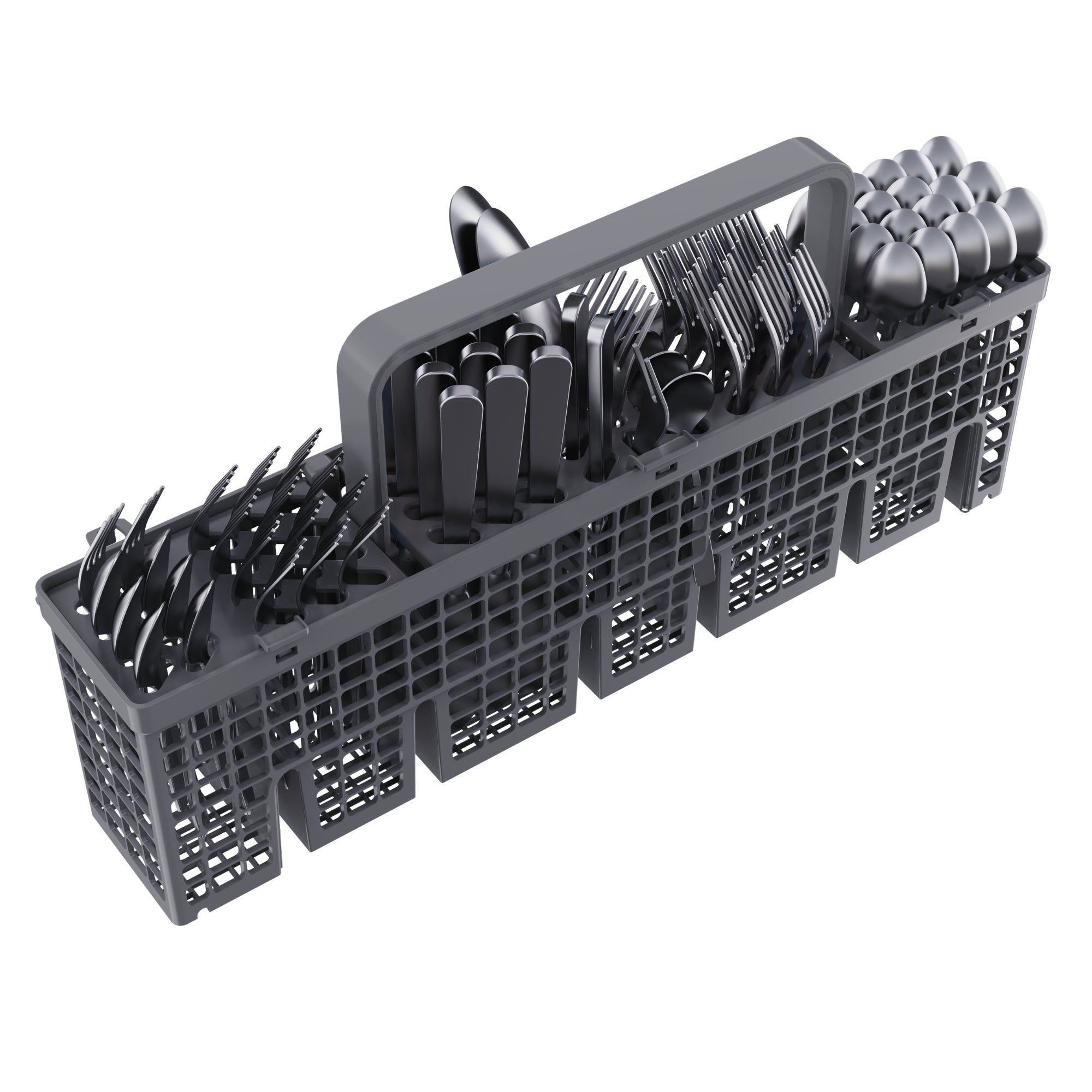 Closeup of removable cutlery basket of the Kenmore ultra-quiet 24-inch top control dishwasher filled with silverware on a white background