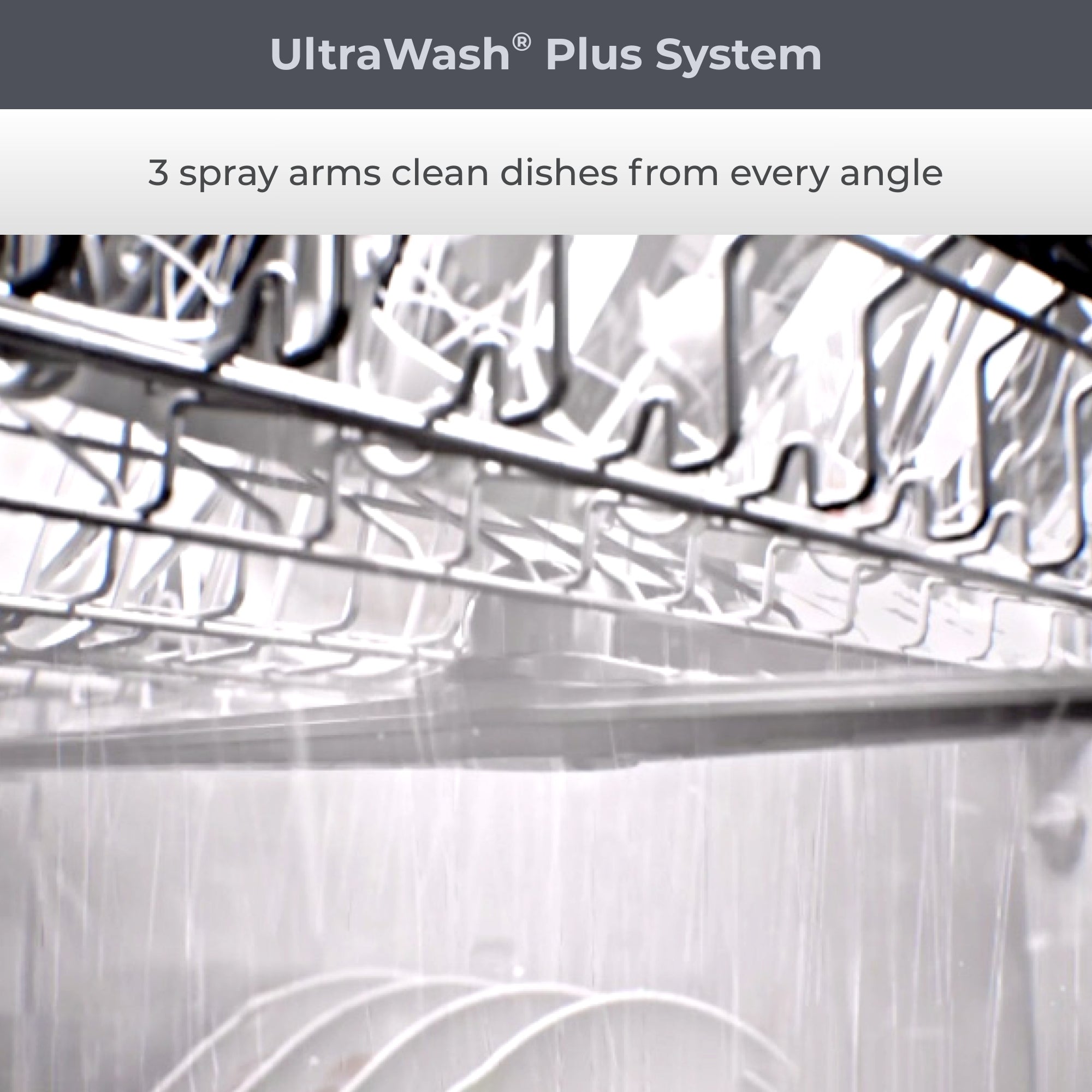 Closeup of the interior of the Kenmore dishwasher with water spraying. Text above reads, "UltraWash Plus System: 3 spray arms clean dishes from every angle.”