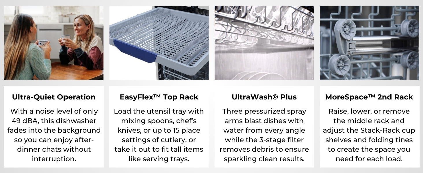 Four images with text below describe features of the Kenmore 3-rack dishwasher: Ultra-quiet operation; EasyFlex top rack; Ultrawash Plus; Morespace 2nd rack.
