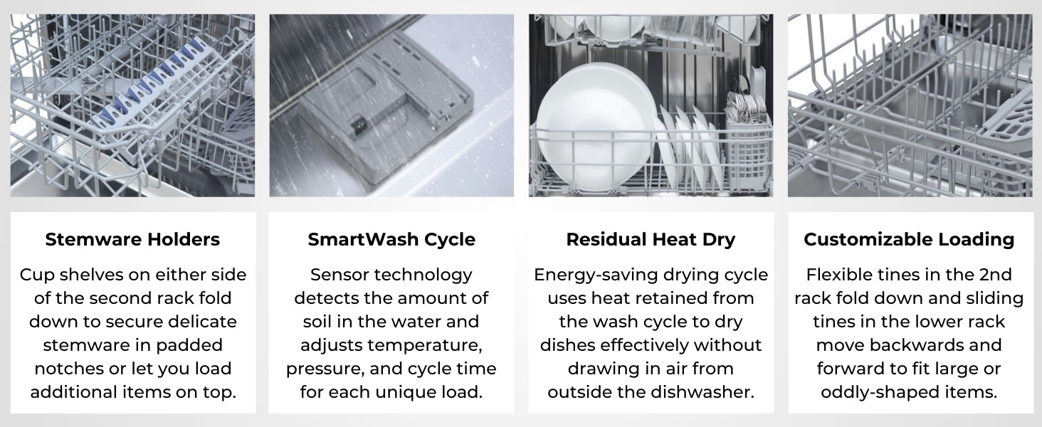 Four images with text below describe features of the Kenmore 3-rack dishwasher: Stemware Holders; SmartWash Cycle; Residual Heat Dry; Customizable Loading