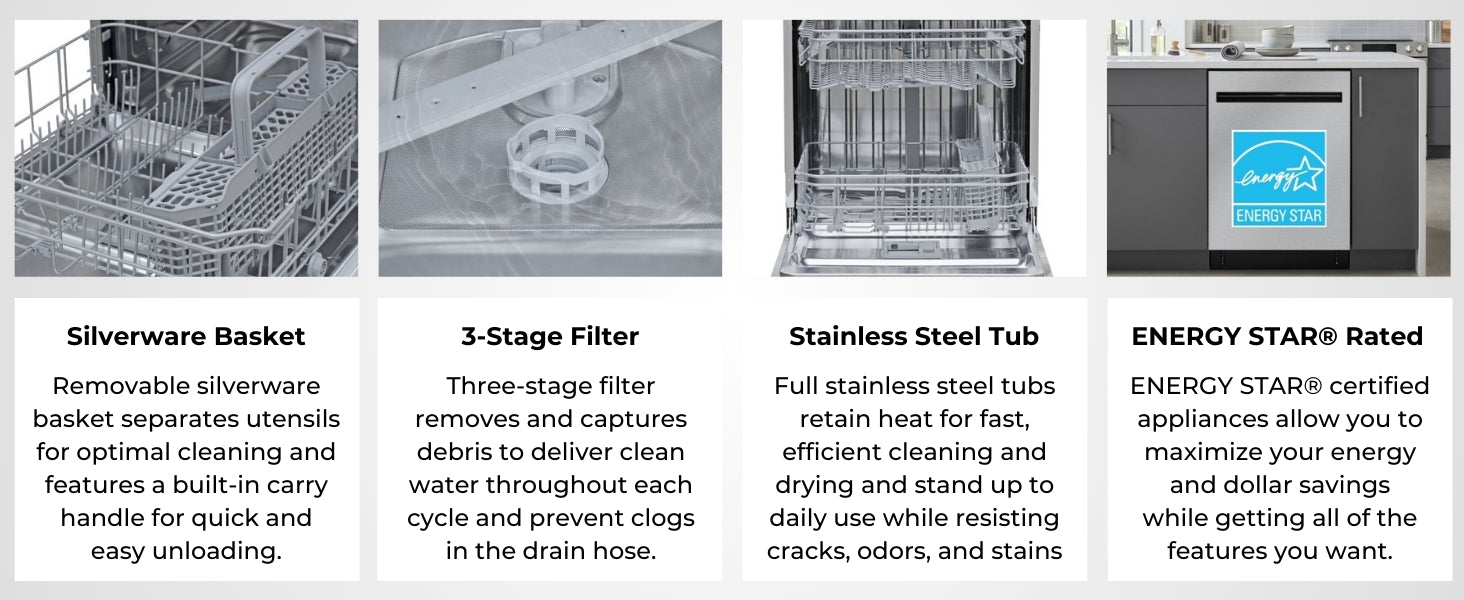 Four images with text below describe features of the Kenmore 3-rack dishwasher: Silverware Basket; 3-Stage Filter; Stainless Steel Tub; Energy Star Rated