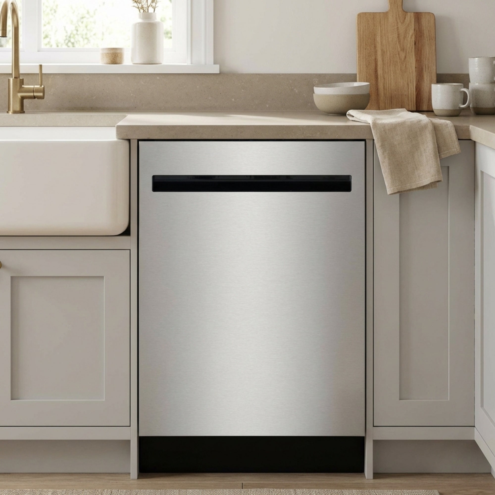 Kenmore ultra-quiet 24-inch top control dishwasher installed in a bright kitchen with beige cabinets