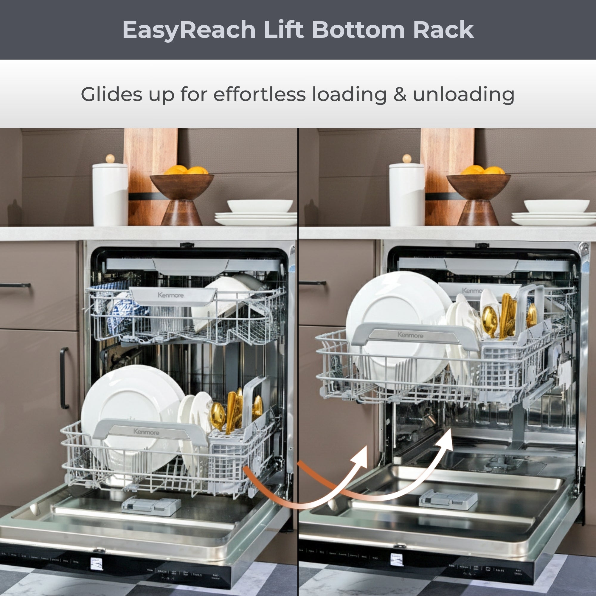 Two side by side images show the Easy Reach bottom rack in its lower and upper positions with arrows indicating movement. Text above reads, “EasyReach Lift Bottom Rack: Glides up for effortless loading and unloading."