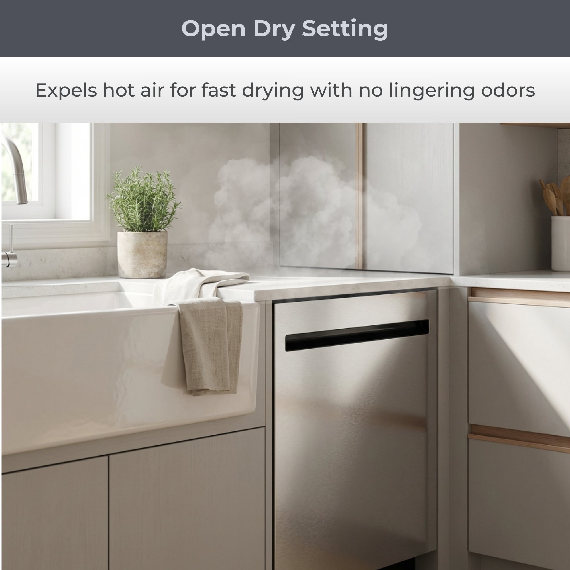 Kenmore ultra-quiet 24-inch top control dishwasher, closed, in a beige kitchen with steam coming out the top of the door. Text above reads, "Open Dry Setting: Expels hot air for fast drying with no lingering odors"