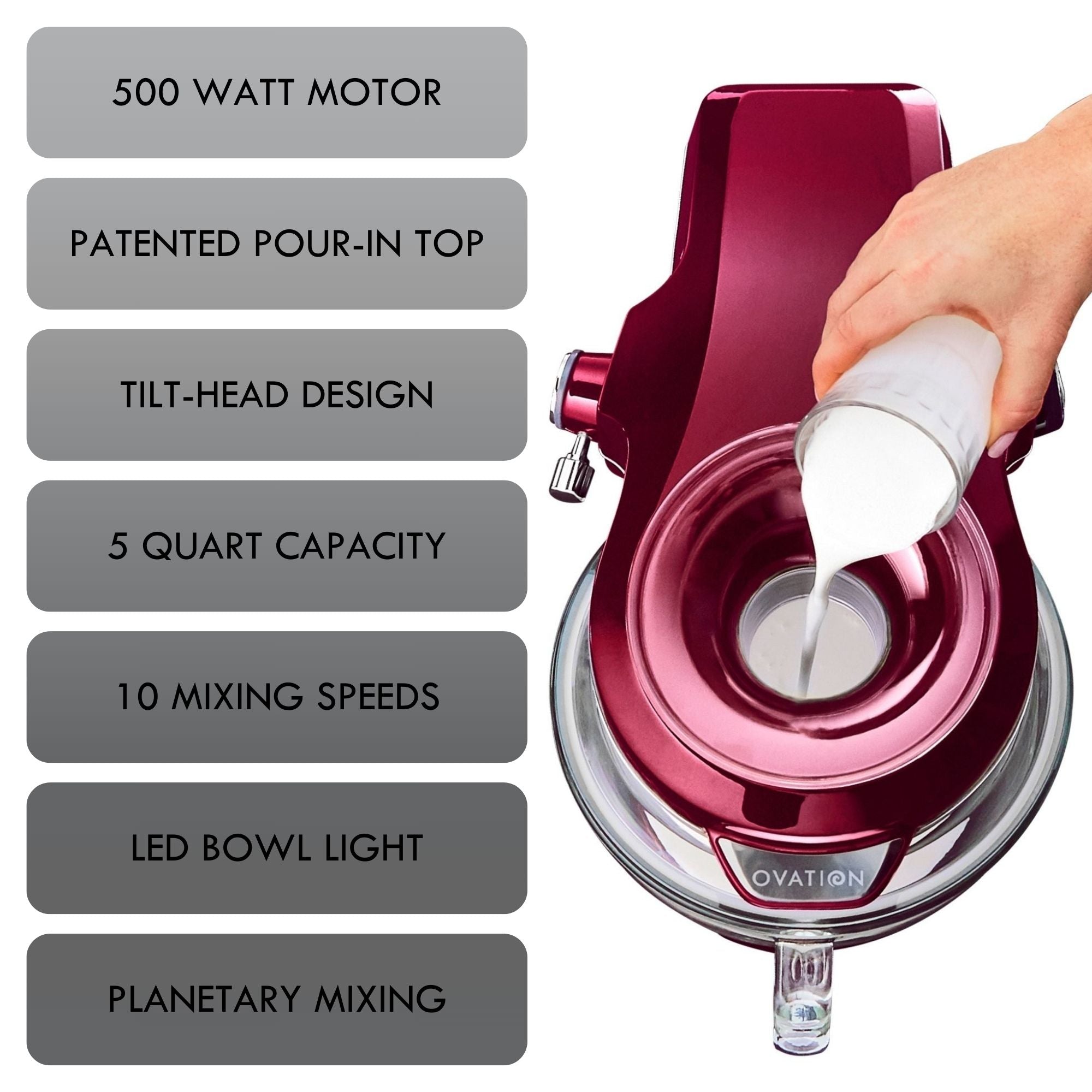 Kenmore Elite Ovation mixer viewed from above with a person's hand pouring milk through pour-in top and features listed to the left: 500 watt motor; patented pour-in top; tilt-head design; 5 quart capacity; 10 mixing speeds; LED bowl light; planetary mixing