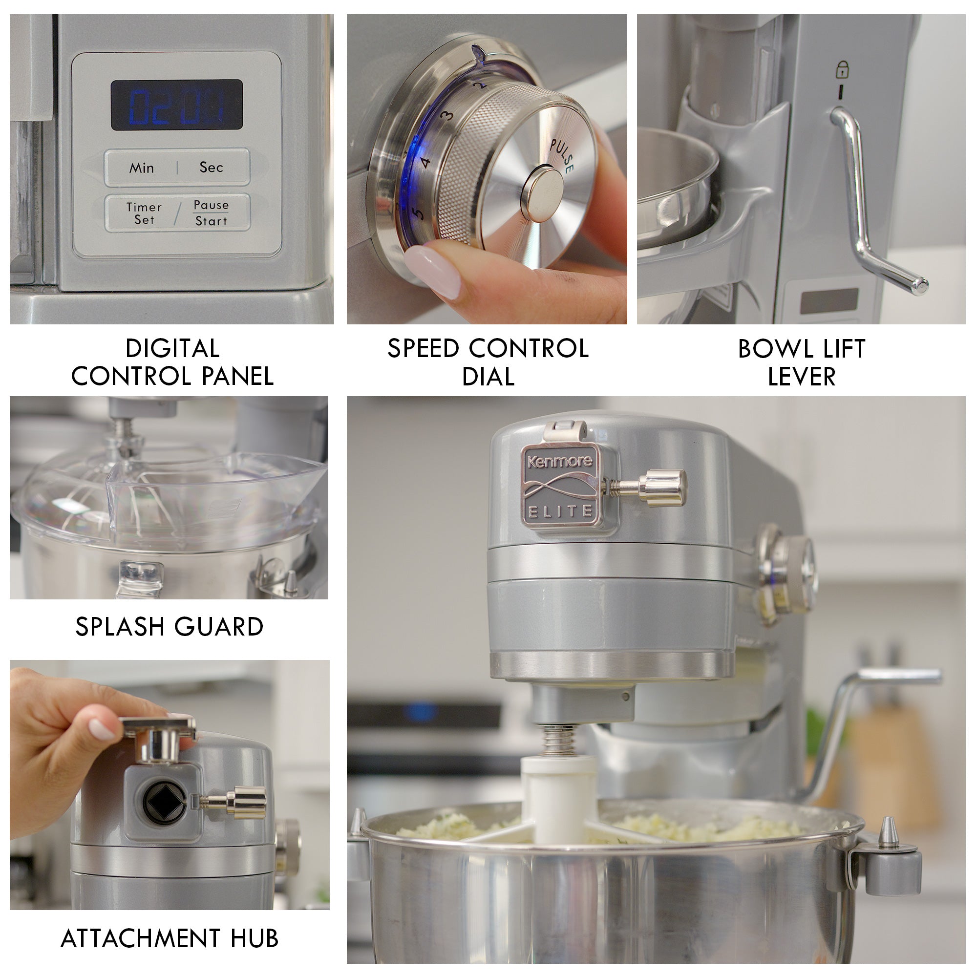 Closeup image of Kenmore 6 qt stand mixer with whipping cream in mixing bowl, surrounded by close up images of parts, labeled: Digital control panel; speed control dial; bowl lift lever; splash guard; attachment hub