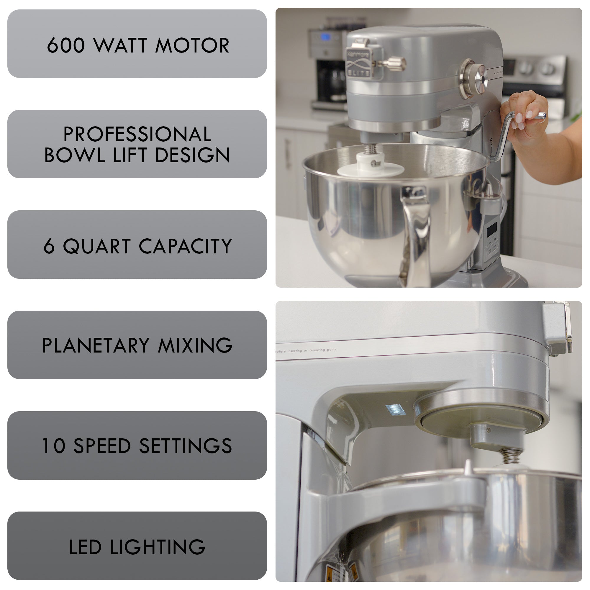 Two closeup images of Kenmore 600 Watt bowl lift mixer with features listed to the left: 600 watt motor, professional bowl-lift design, 6 quart capacity, planetary mixing, 10 speed settings, LED lighting