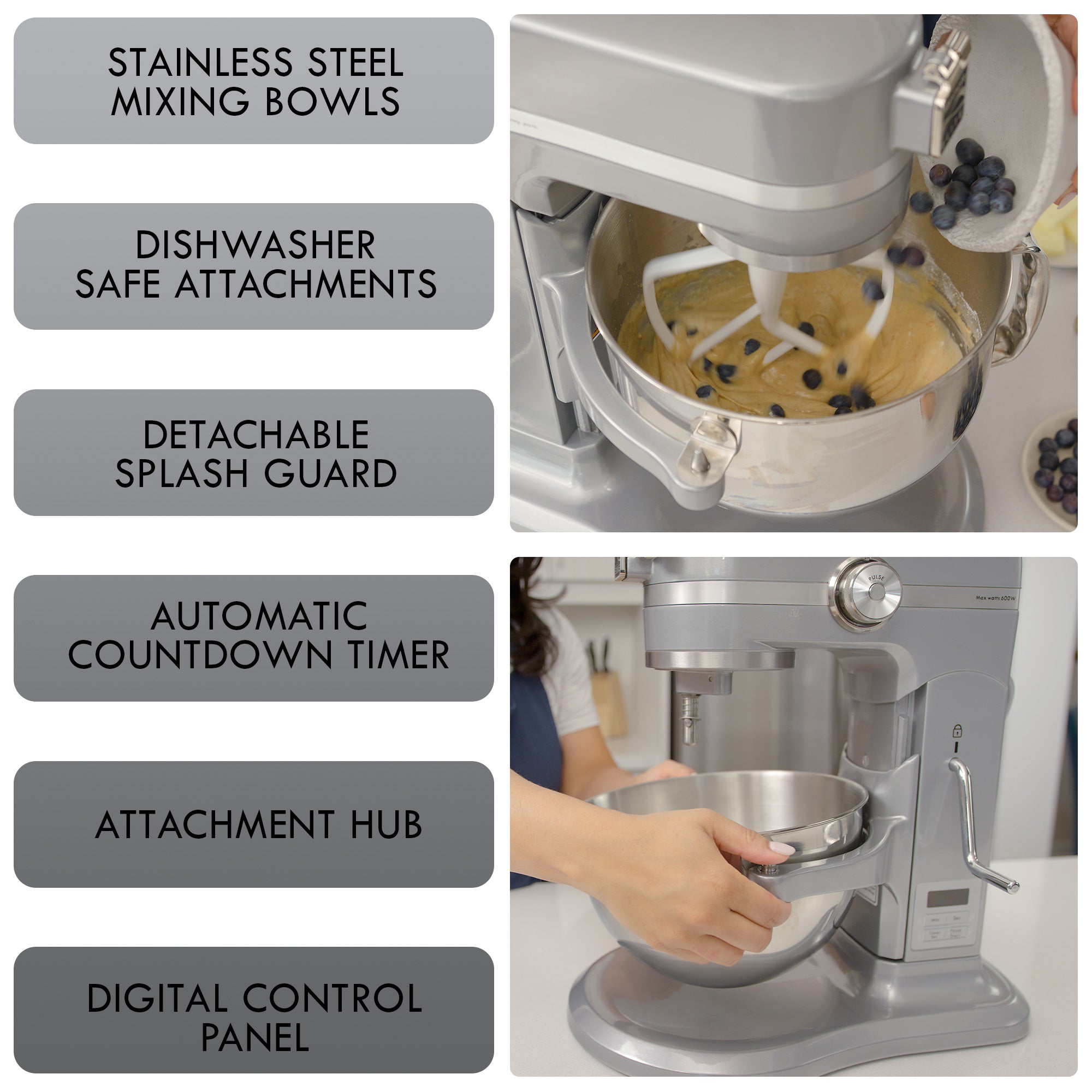 Two closeup images of Kenmore 600 Watt bowl lift mixer creaming chocolate icing with features listed to the left: stainless steel mixing bowls, dishwasher safe attachments, automatic countdown timer, attachment hub, digital control panel