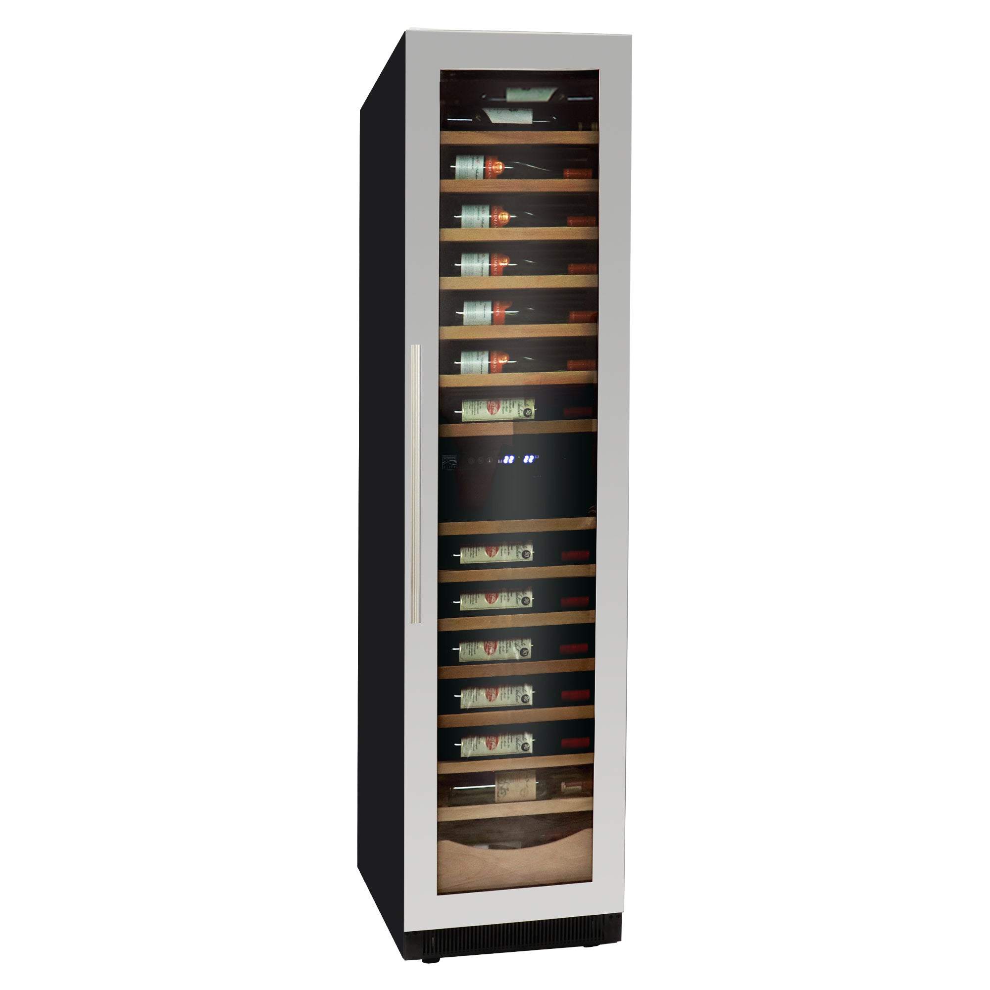 Kenmore Elite 111 bottle 18 inch dual zone compressor wine cooler filled with bottles of wine on a white background