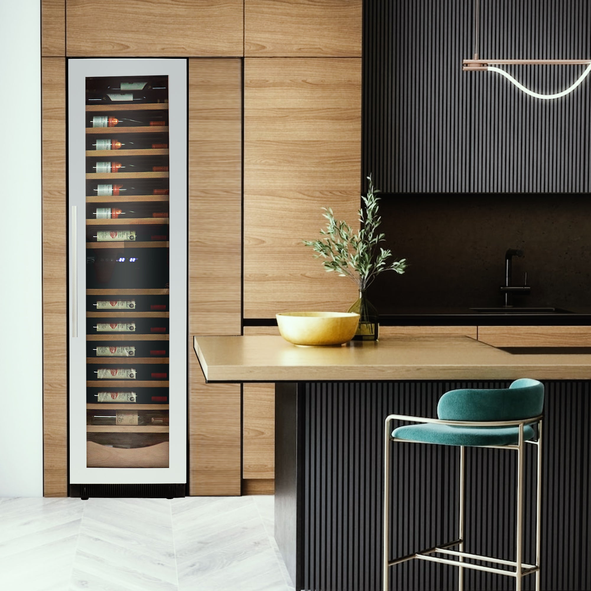 Kenmore Elite 111 bottle 18 inch dual zone wine cooler installed among wooden cupboards with a dark gray kitchen island in the foreground