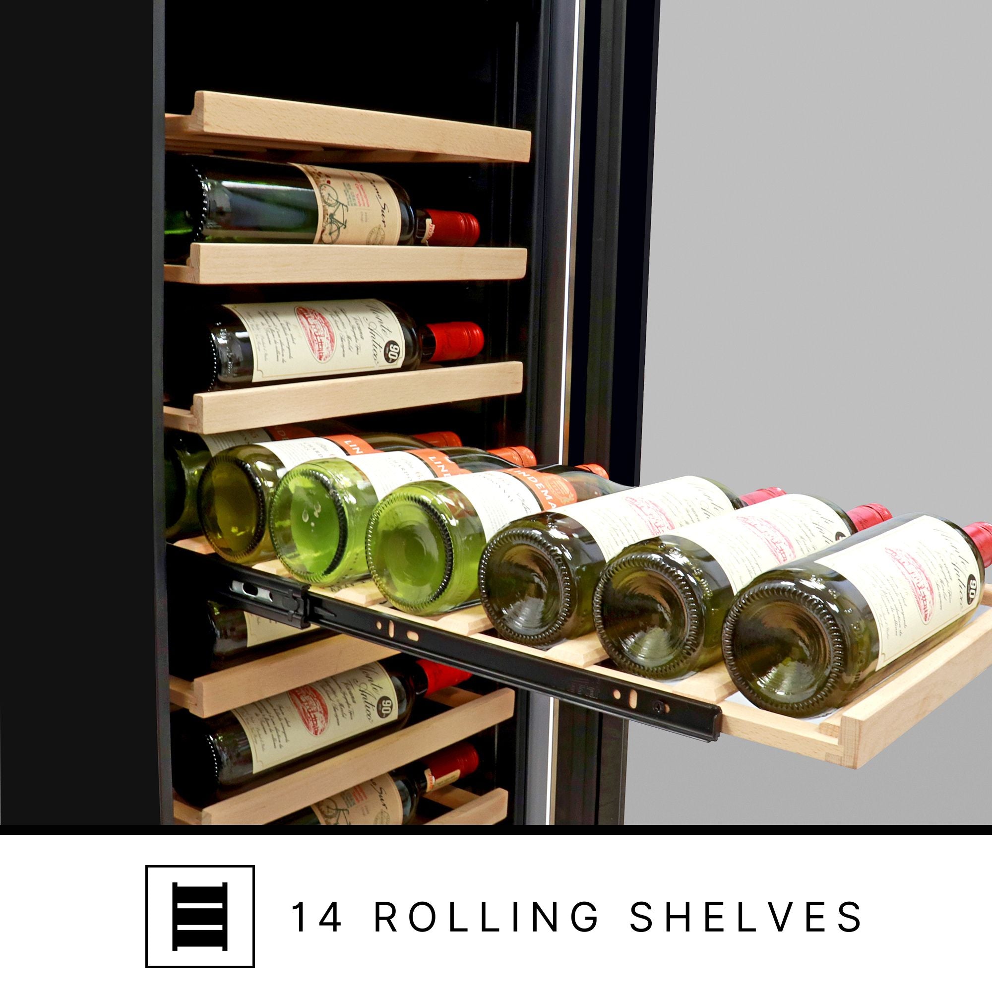 Close-up image of the 7 bottle capacity wooden wine rack, fully extended, showing the roller ball slides. Text below reads, "14 rolling shelves"