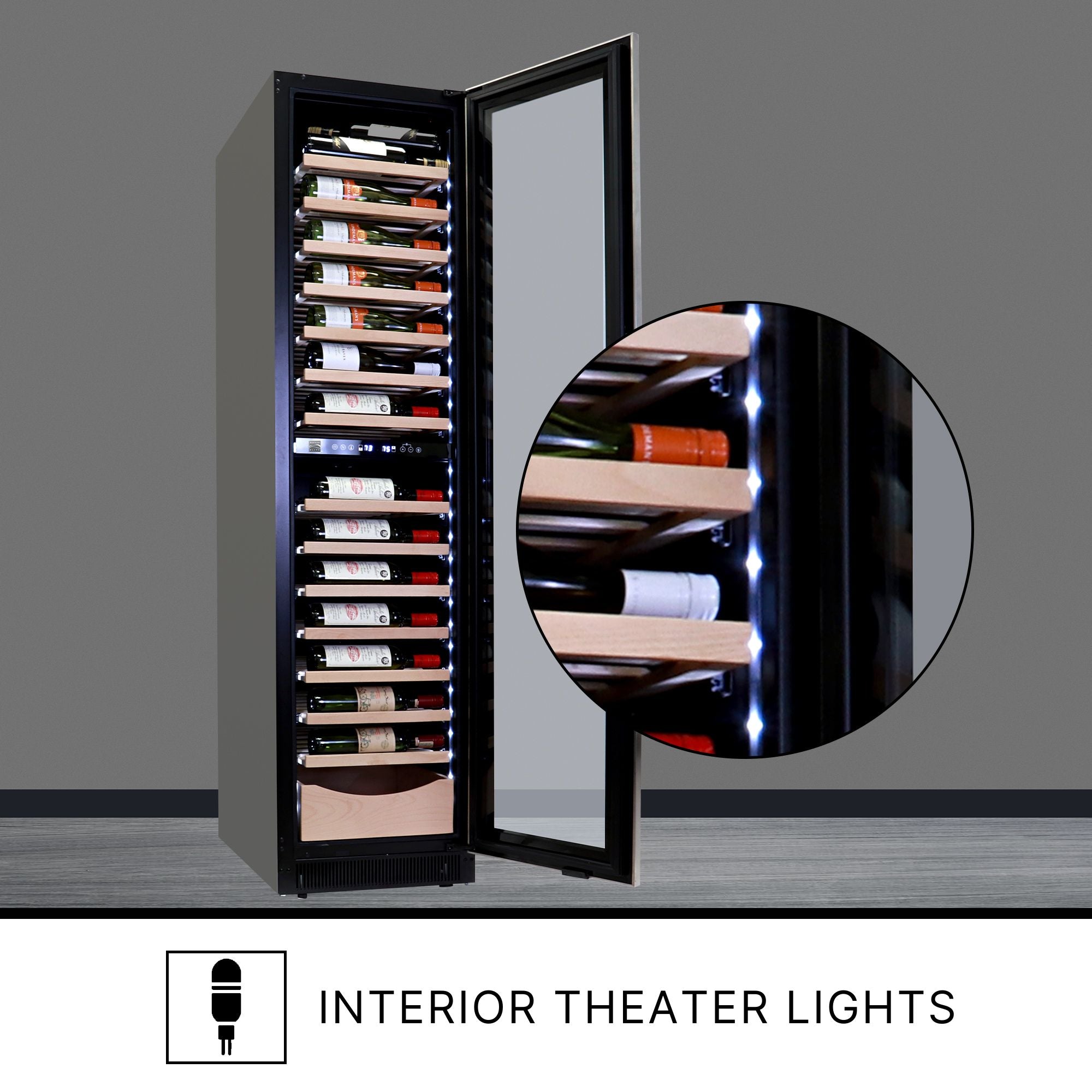 Kenmore Elite 111 bottle dual zone compressor wine chiller, open and filled with wine bottles, with an inset closeup showing the full-surround LED display lighting. Text below reads, "Interior theater lights"