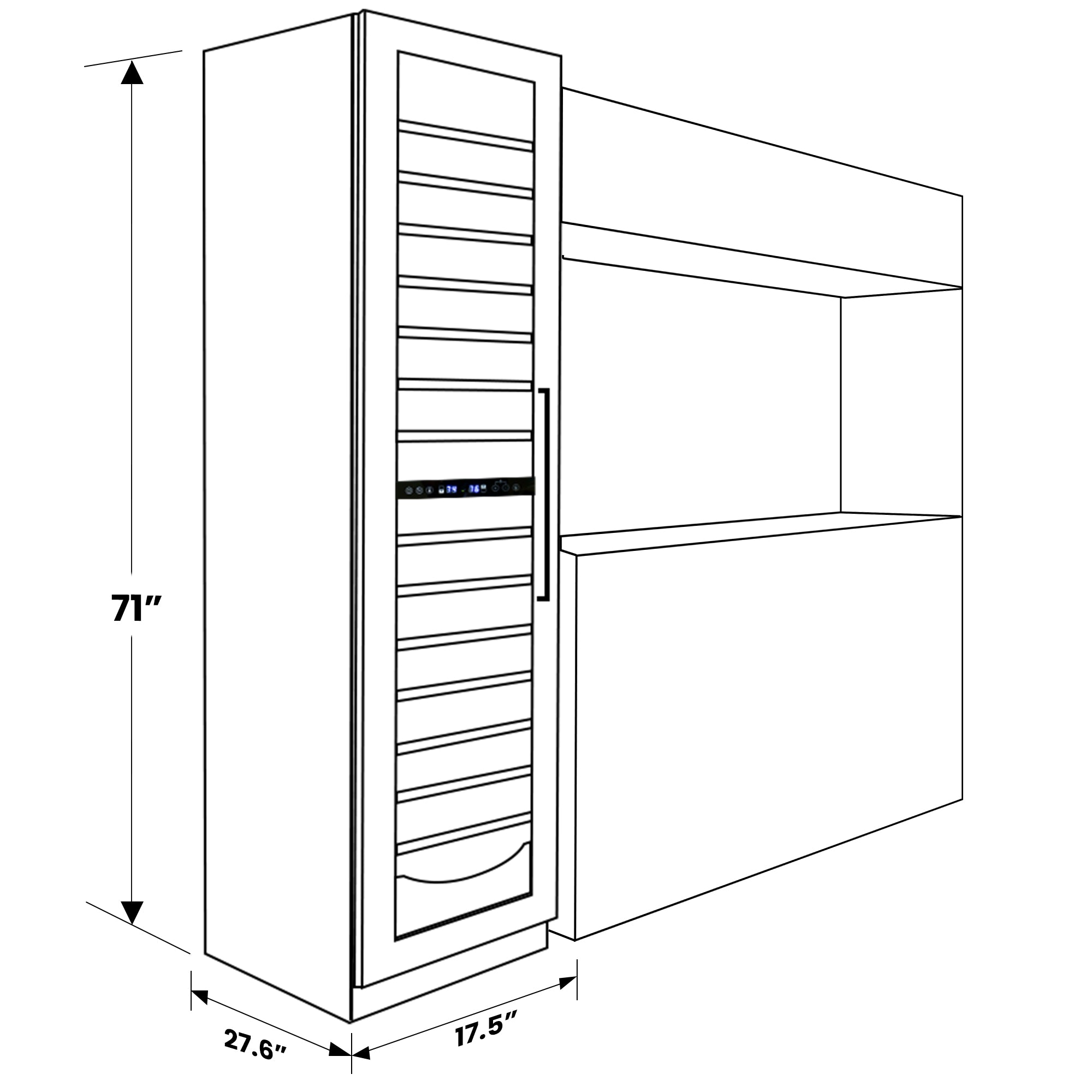 Diagram showing measurements and installation of 18-inch compressor wine fridge