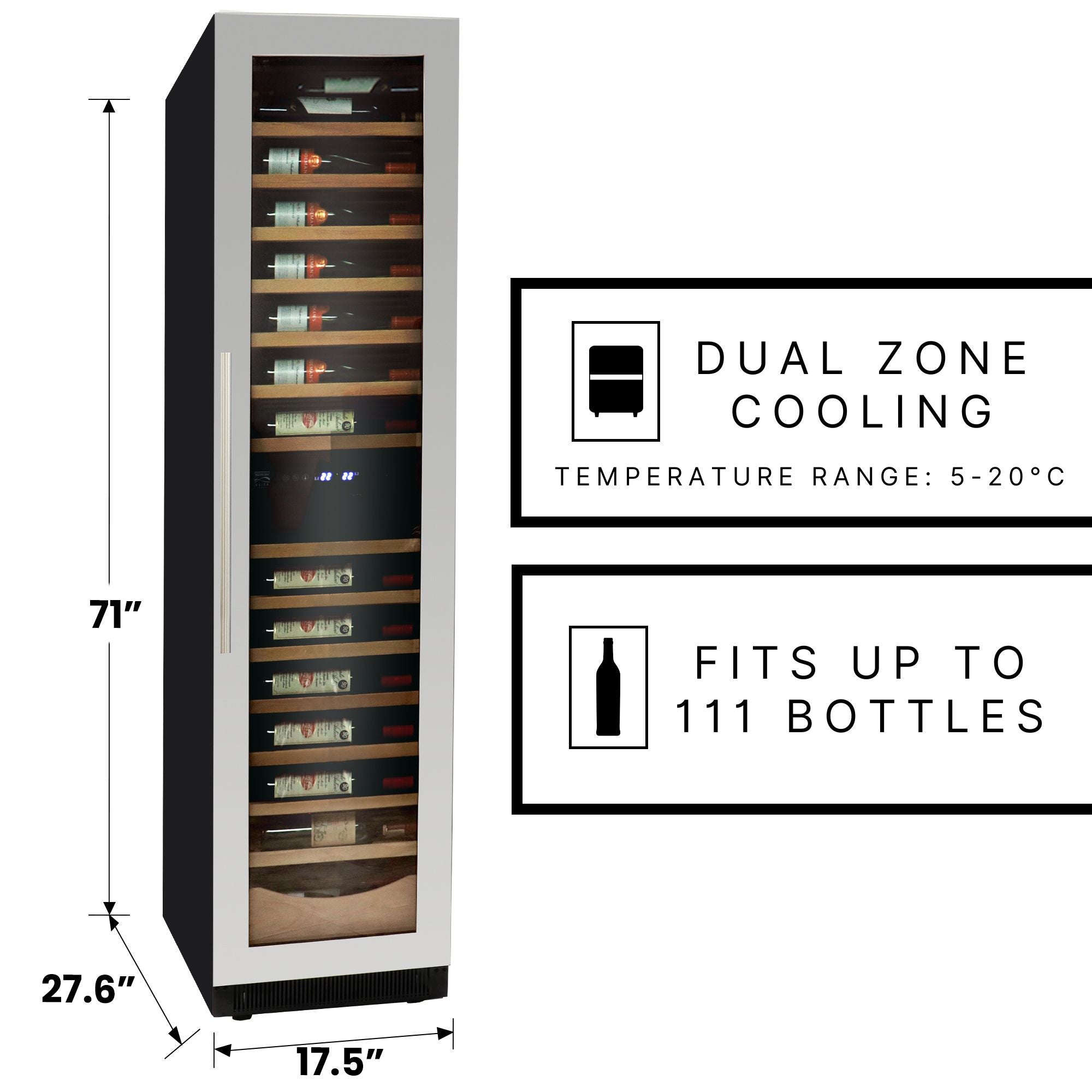 Kenmore Elite 18 inch premium wine fridge on a white background with dimensions labeled. Text and icons to the right describe, "Dual zone cooling: temperature range 5-20C" and "fits up to 111 bottles"