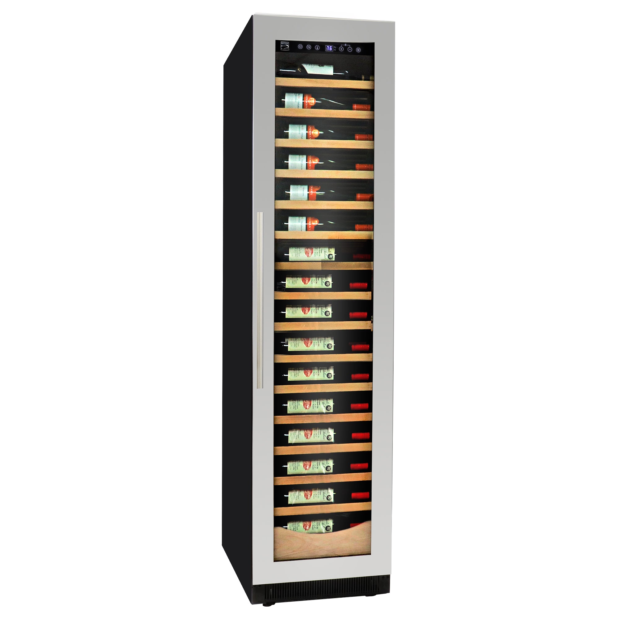 Kenmore Elite 112 bottle 18 inch compressor wine cooler filled with bottles of wine on a white background