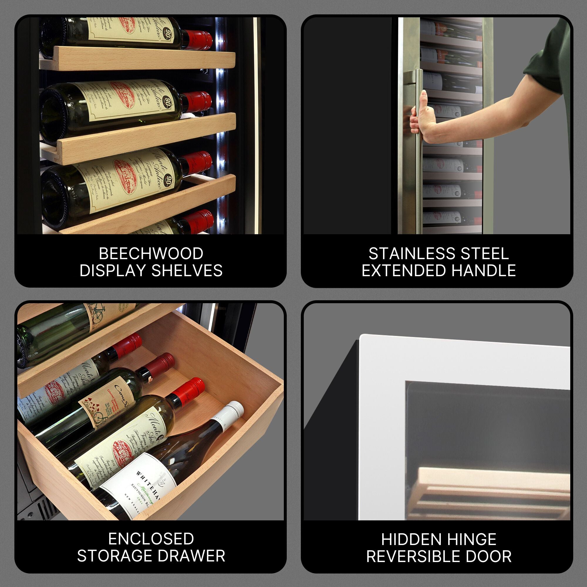 Four close-up images, labeled, show features of the Kenmore Elite premium wine fridge: Beechwood display shelves; stainless steel extended handle; enclosed storage drawer; hidden hinge reversible door