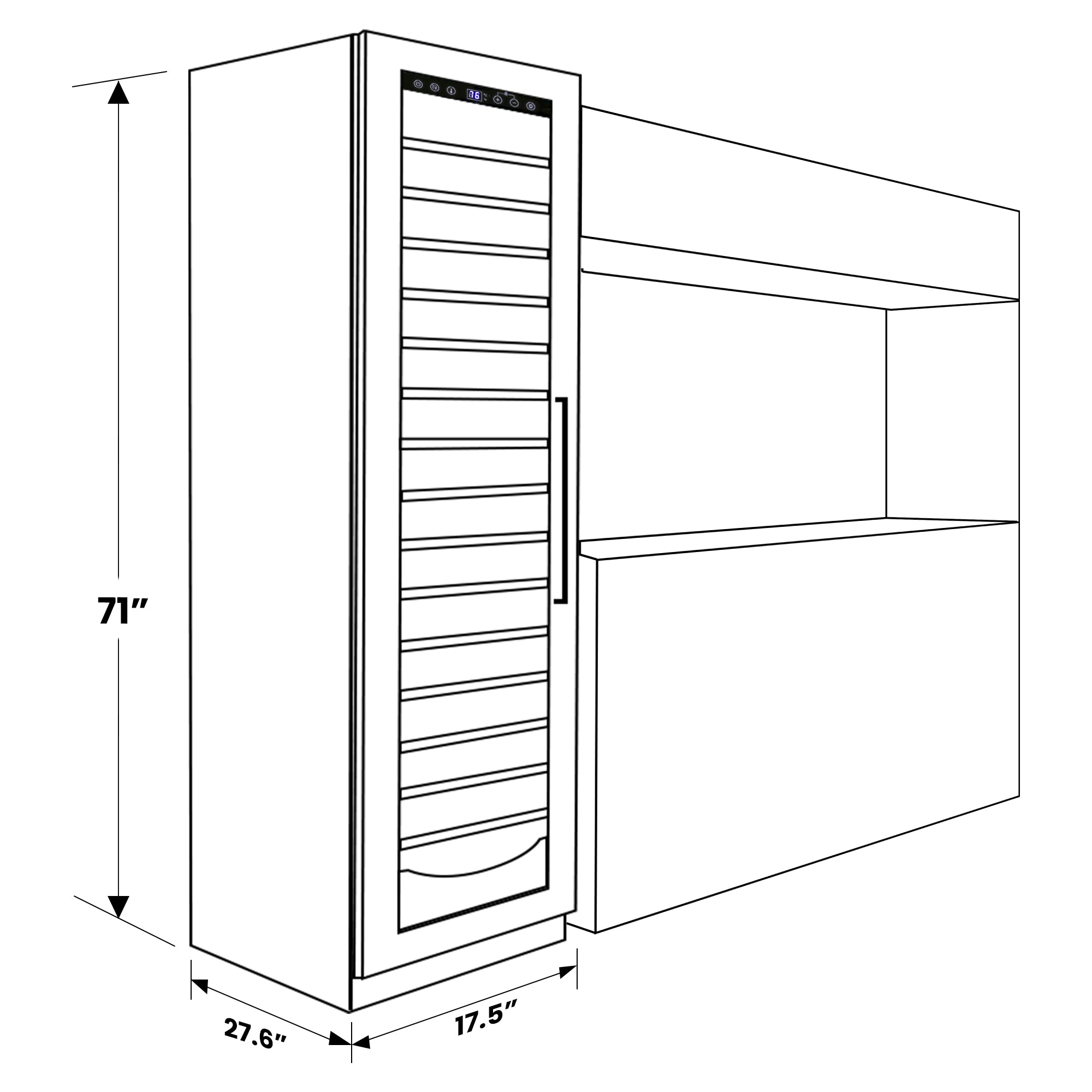 Diagram showing measurements and installation of 18-inch wine compressor fridge
