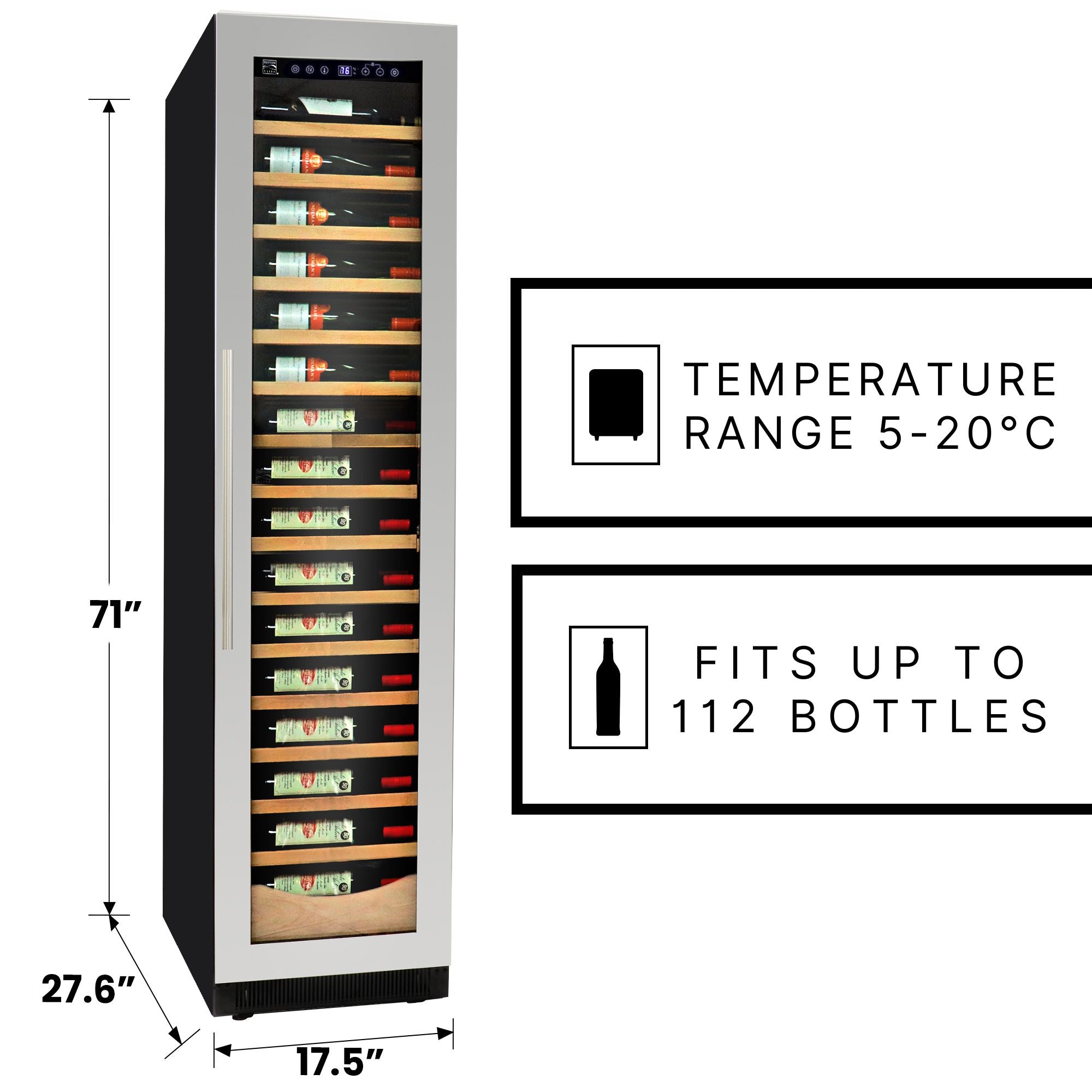Kenmore Elite 18 inch premium wine fridge on a white background with dimensions labeled. Text and icons to the right describe, "Temperature range 5-20C," and "Fits up to 112 bottles"