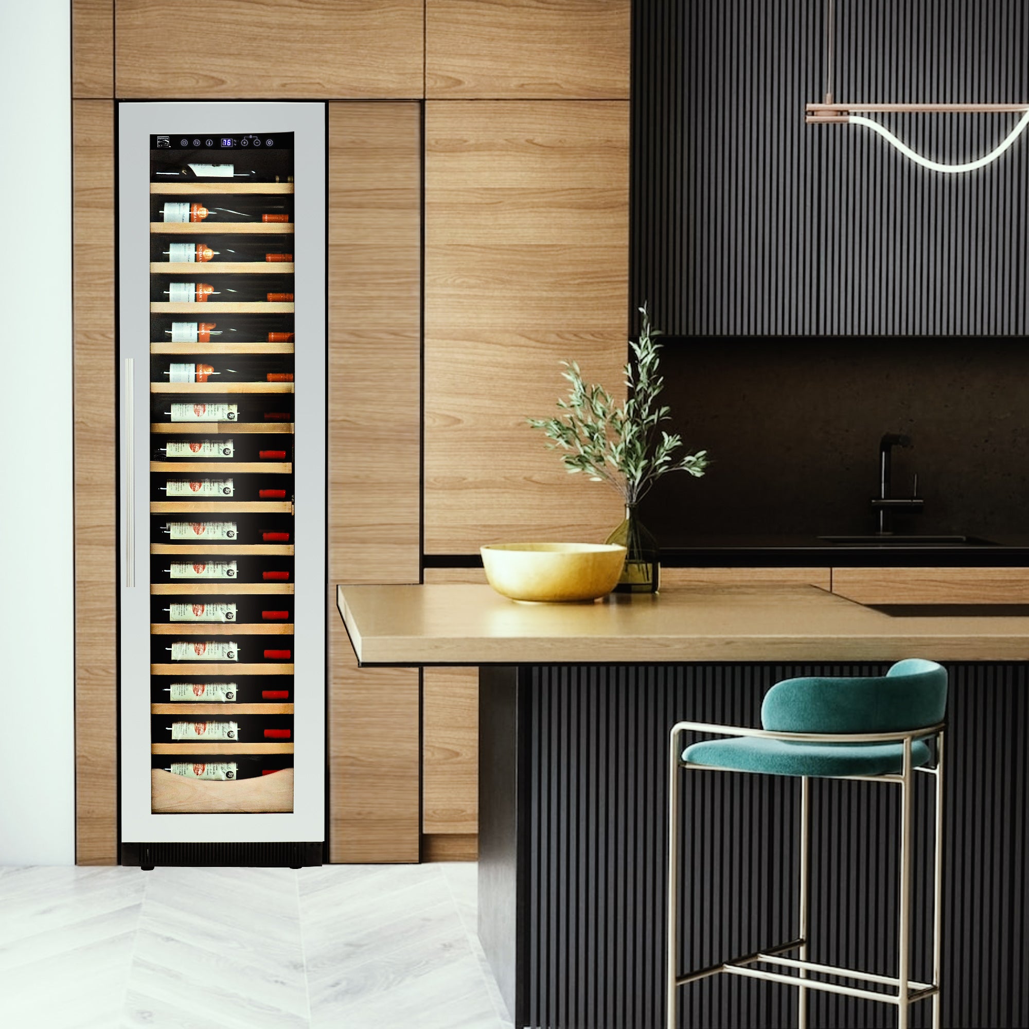 Kenmore Elite 112 bottle 18 inch compressor wine cooler installed among wooden cupboards with a dark gray kitchen island in the foreground