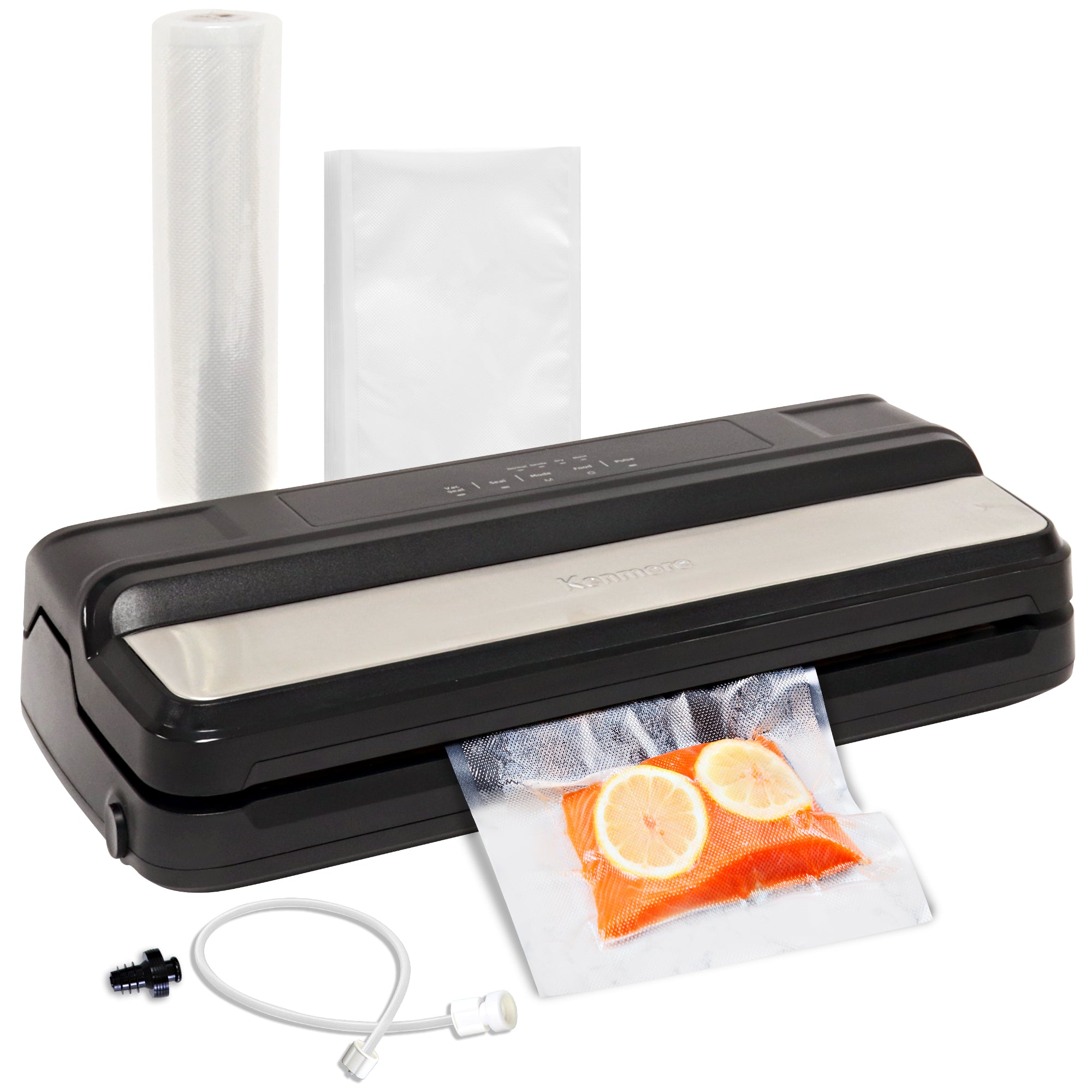 Kenmore vacuum sealer with a bag containing salmon and lemon slices with included accessories (bag roll, individual bags, accessory hose, and bottle stopper) arranged around it on a white background