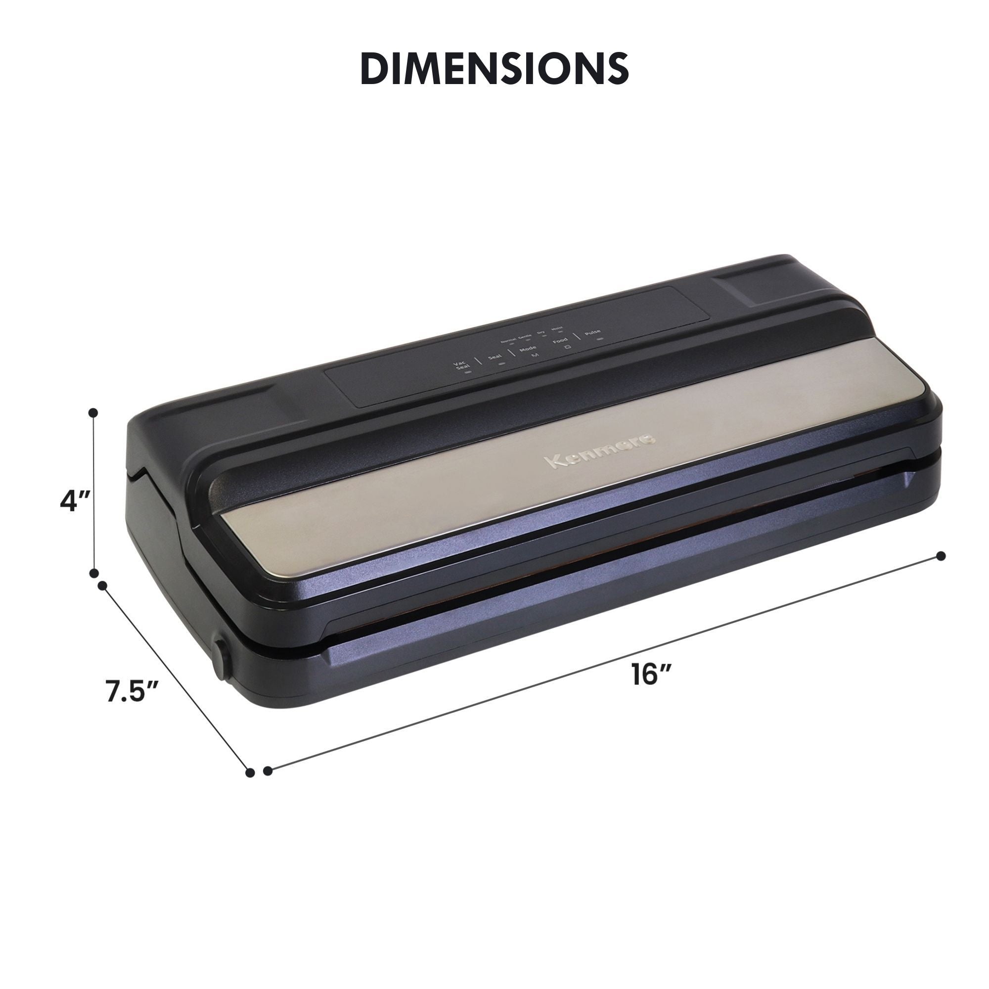 Kenmore vacuum food sealer on a white background with dimensions labeled