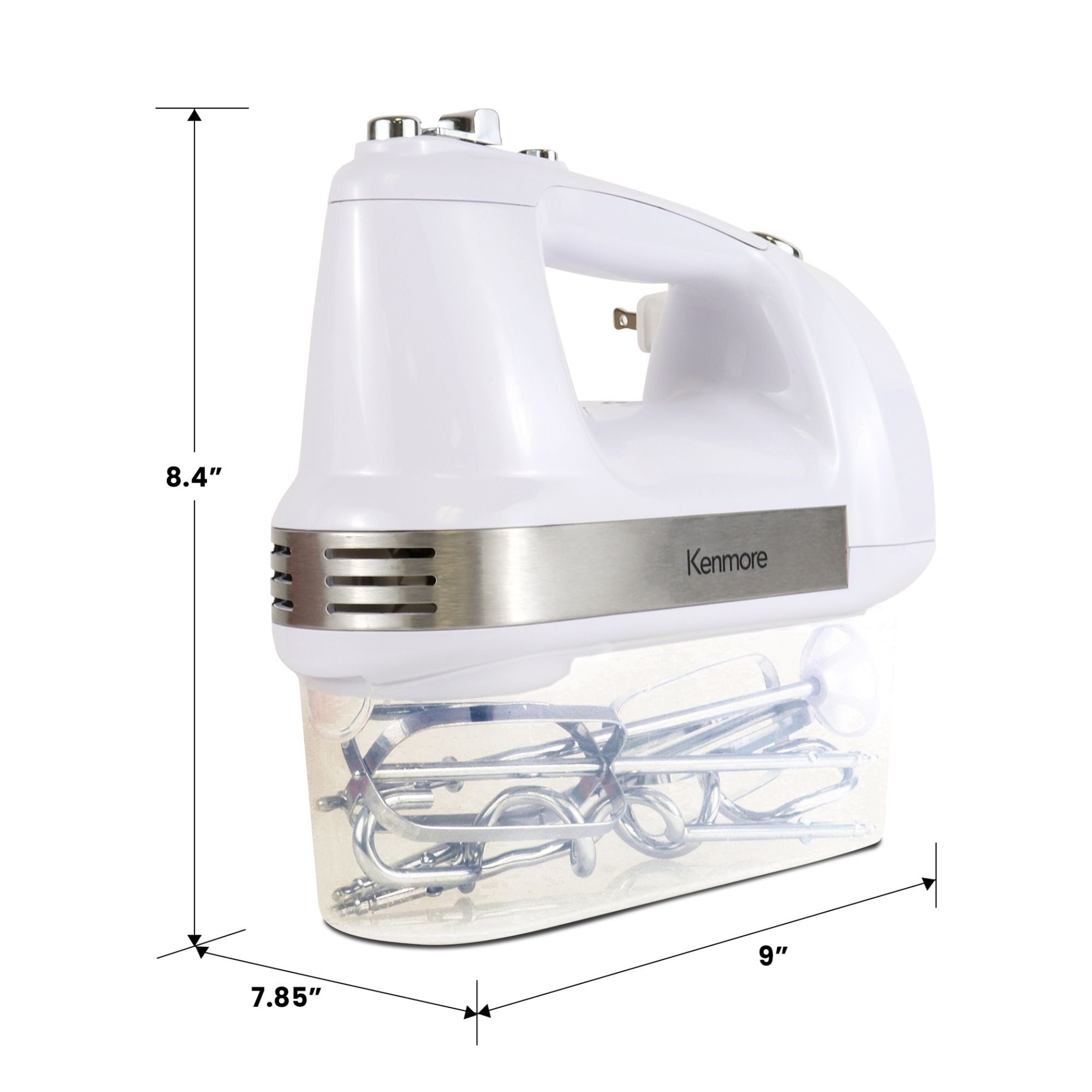 Kenmore 5 speed hand mixer on a white background with dimensions labeled