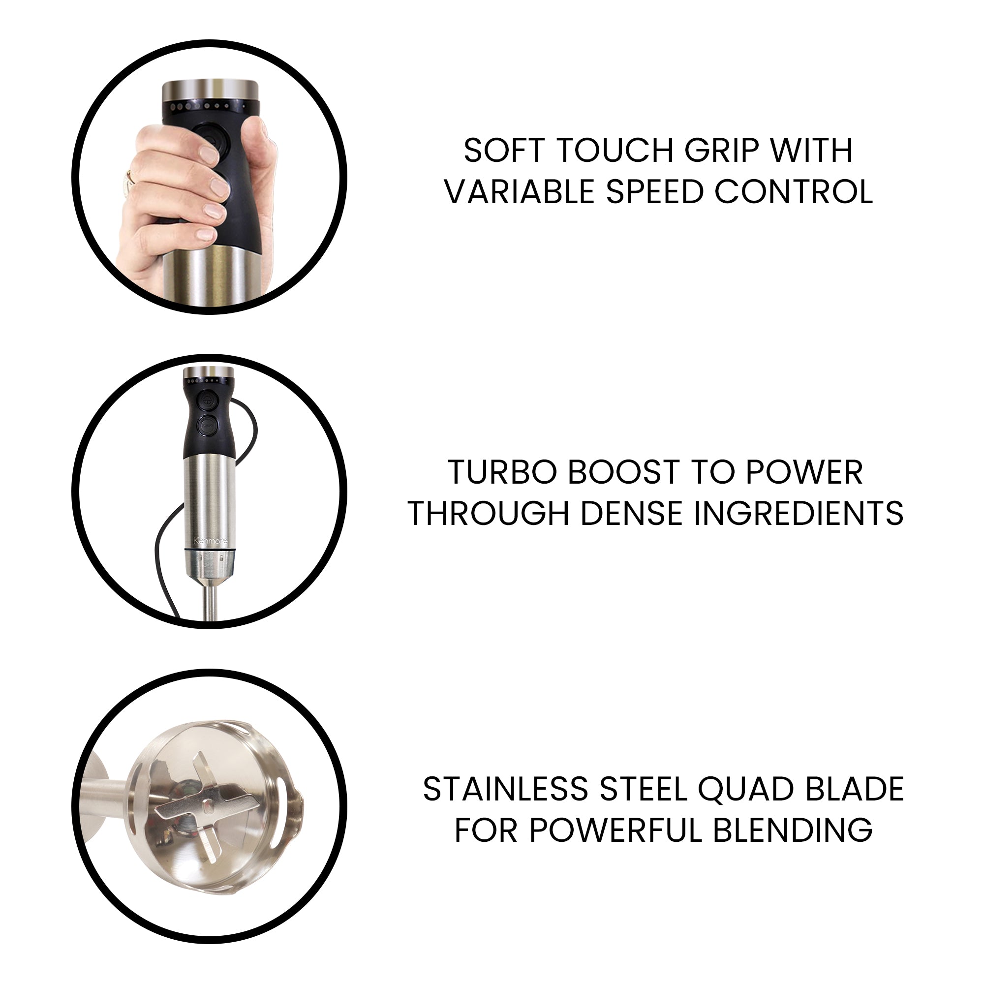 Three closeup images show features: 1. Soft touch grip with variable speed control; 2. Turbo boost to power through dense ingredients; 3. Stainless steel quad blade for powerful blending.