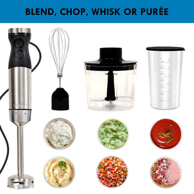 Handheld blender on the left with attachments pictured above small dishes of foods they can be used to make: Whisk attachment above dishes of whipped cream and mayonnaise; chopper above dishes of guacamole and salsa; and beaker with lid above ketchup and a smoothie bowl. Text above reads, Blend, chop, whisk, or puree.