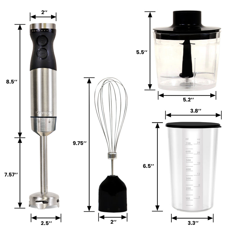 Immersion blender and attachments on a white background with dimensions listed.