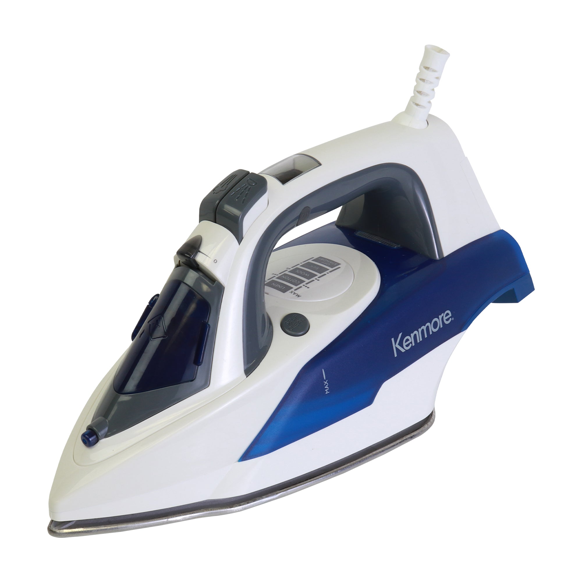 Kenmore digital steam iron with 9 fabric presets on a white background