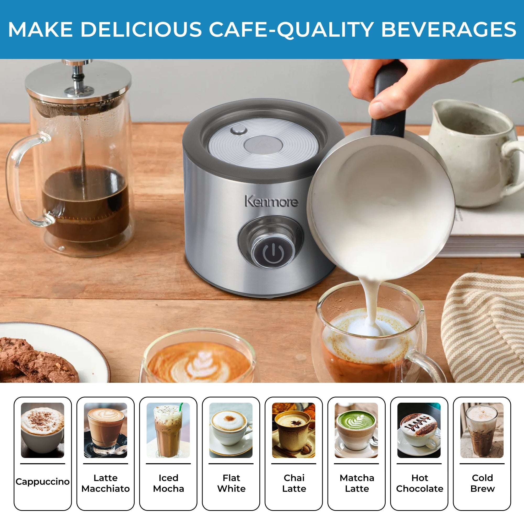 Kenmore 4-in-1 Automatic Milk Frother Steamer 16oz Hot Cold Foam