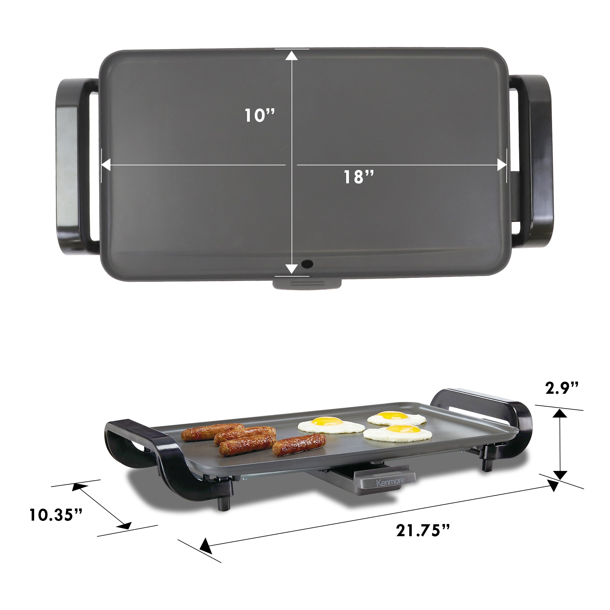 Two pictures of Kenmore non-stick electric griddle on a white background with dimensions labeled. Top image shows the cooking surface from above and bottom image shows the griddle from the side with sausage and eggs cooking