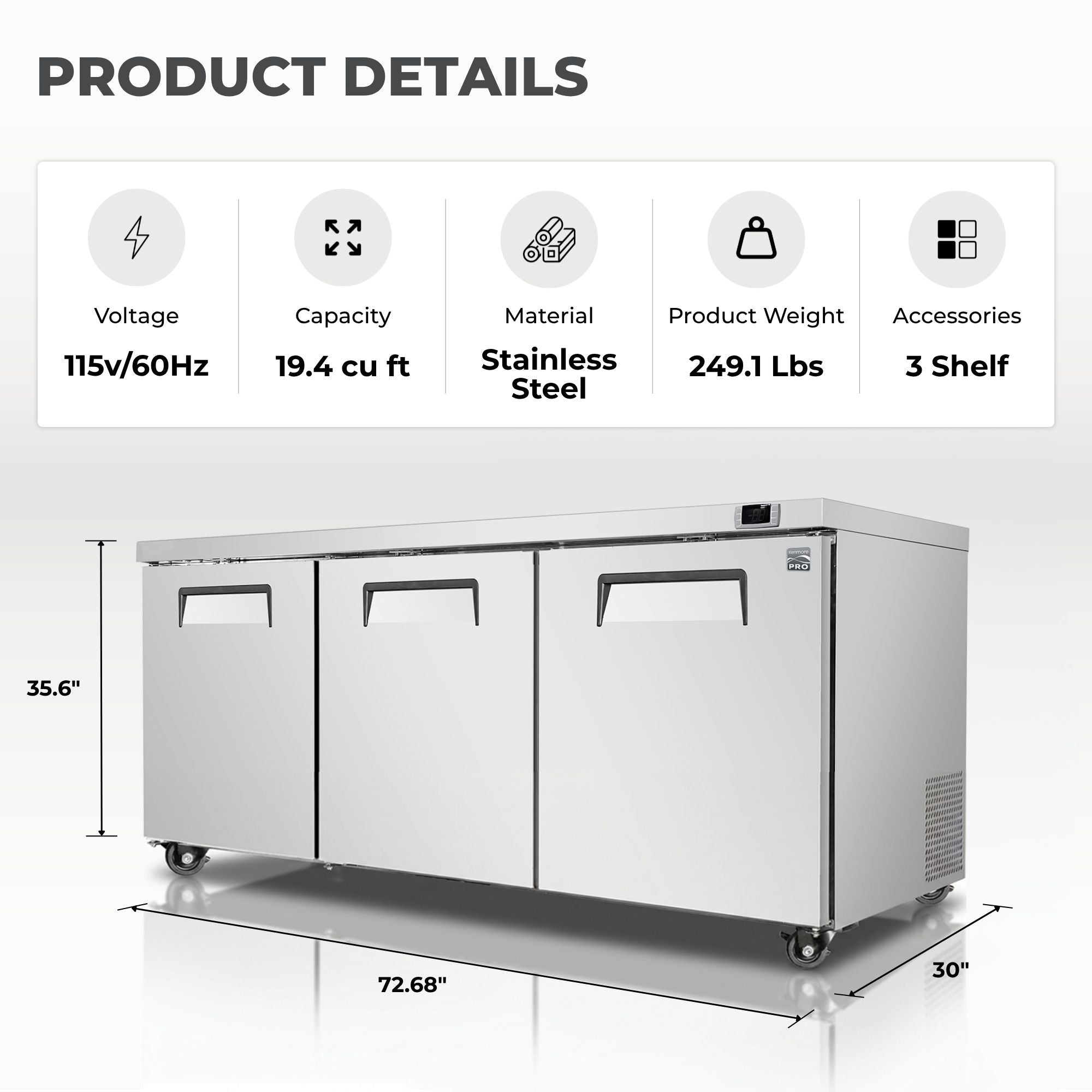 Kenmore PRO 12.6 cu.ft. Stainless Steel Undercounter Commercial Freezer/Refrigerator