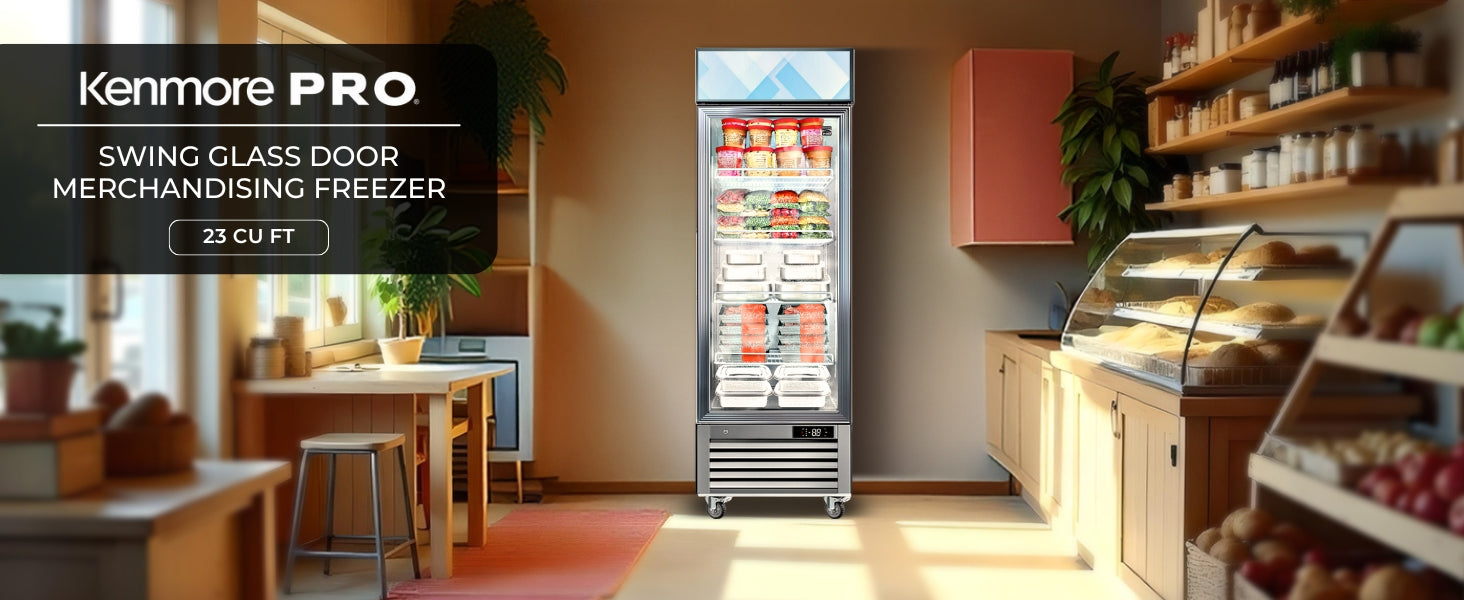 Kenmore Pro glass door display freezer filled with frozen food products in a retail setting