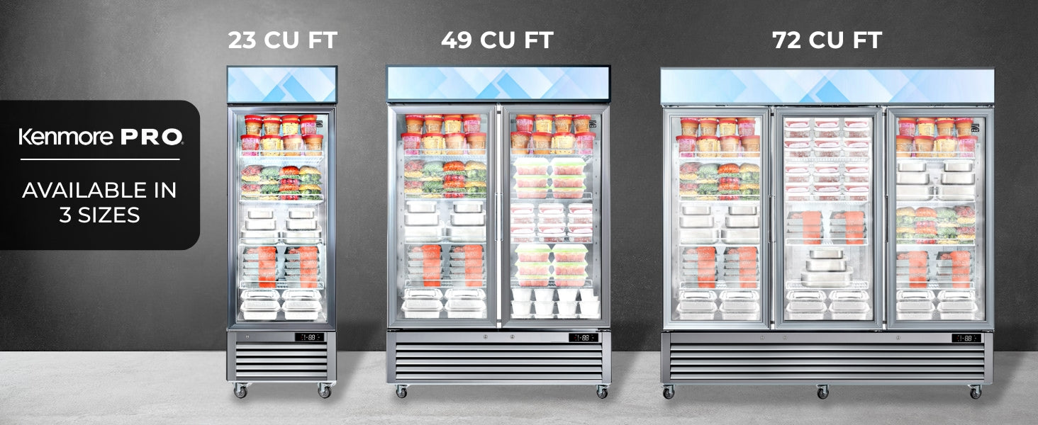 Three sizes of Kenmore Pro glass door display freezers filled with frozen food products