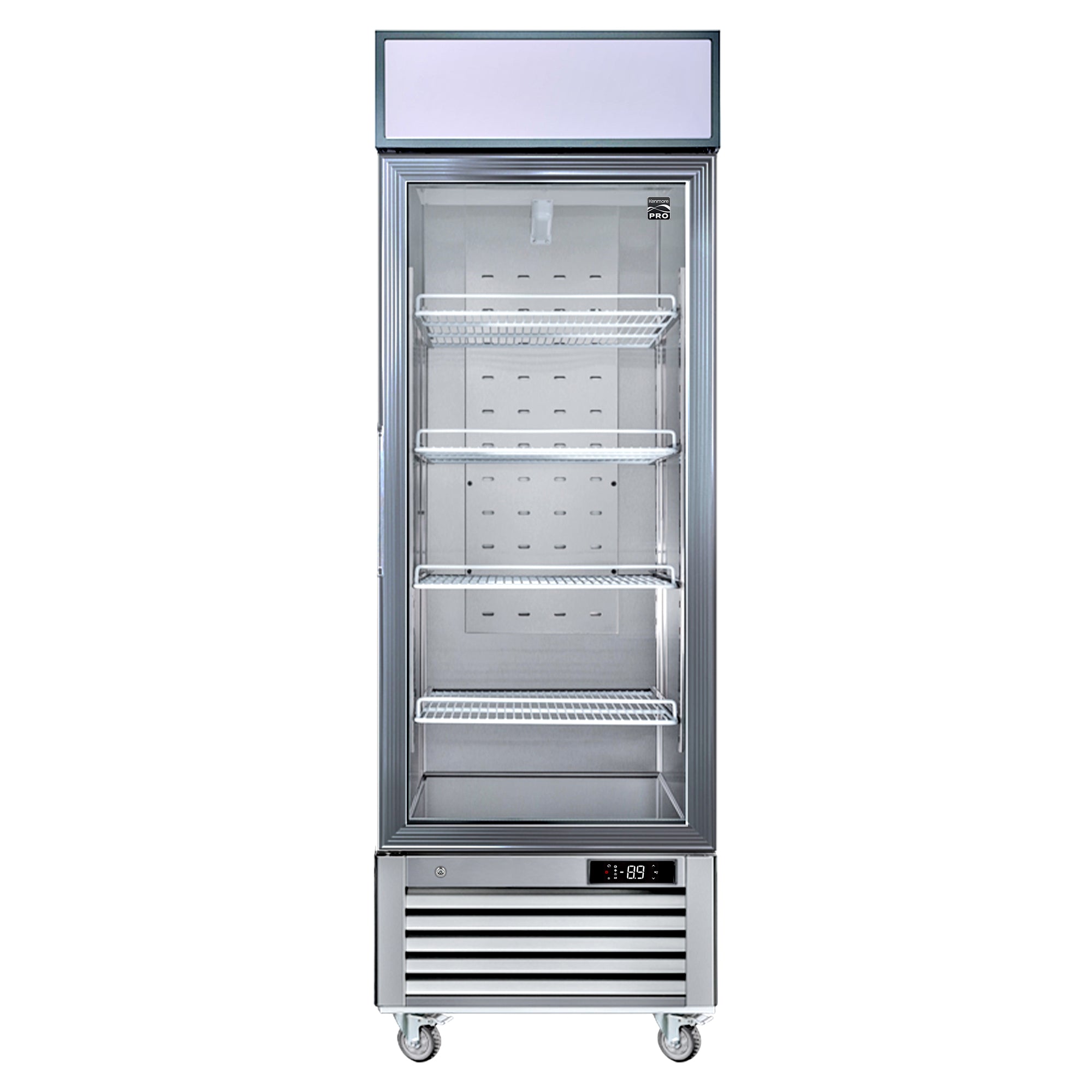 Kenmore Pro swing glass door merchandiser freezer, closed, on a white background