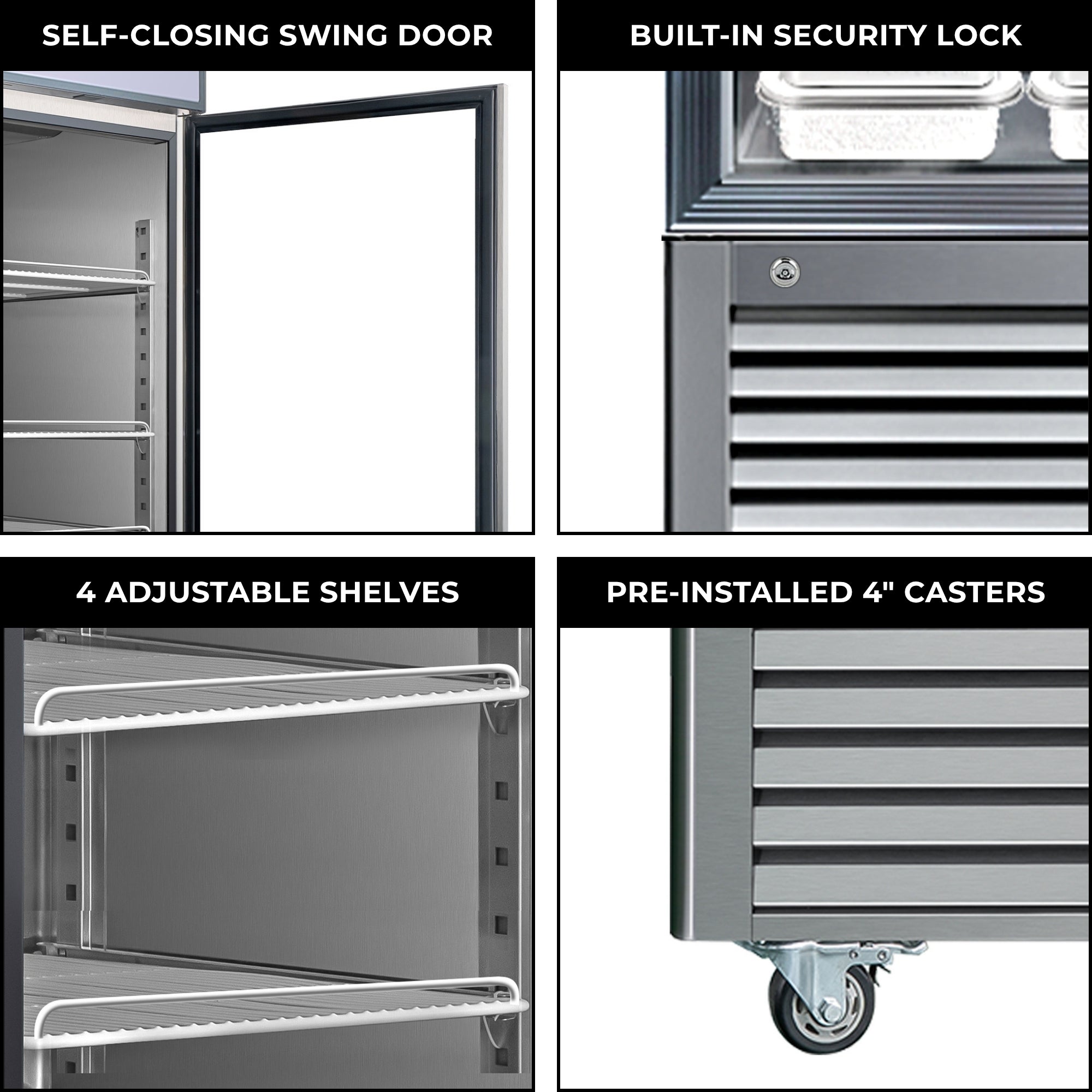 Four labeled closeup images show features of the Kenmore Pro upright display freezer: Self-closing swing door; built-in security lock; 4 adjustable shelves; pre-installed 4" casters.