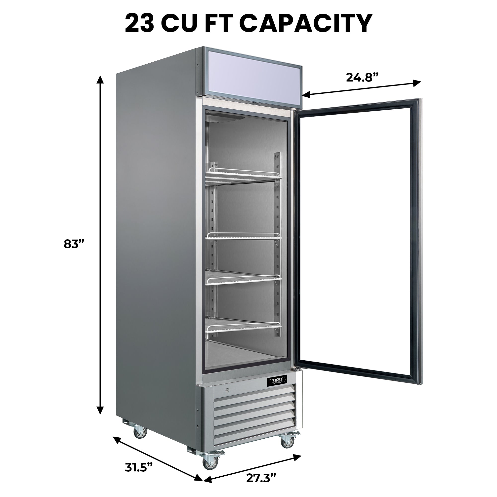 Kenmore Pro commercial reach-in glass door commercial freezer with built-in ad panel lightbox display on a white background with dimensions and capacity listed.