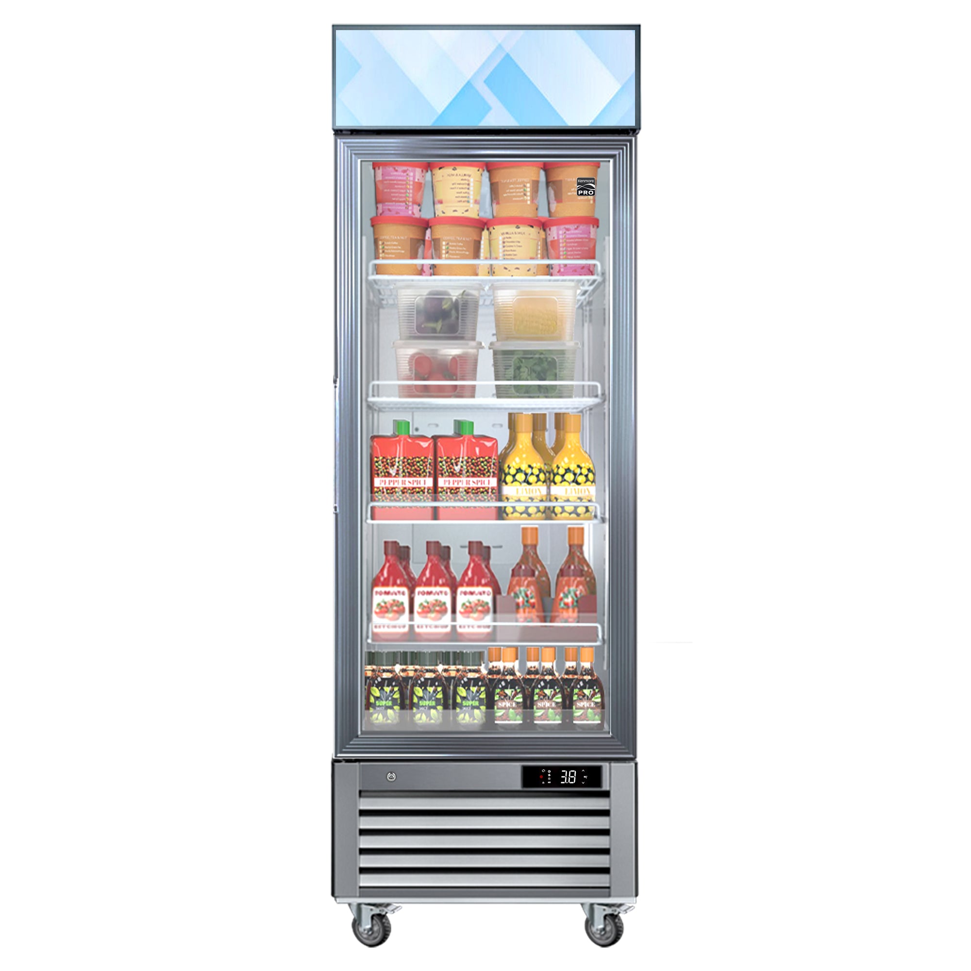 Kenmore Pro glass door convertible commercial fridge/freezer filled with refrigerated food products on a white background.