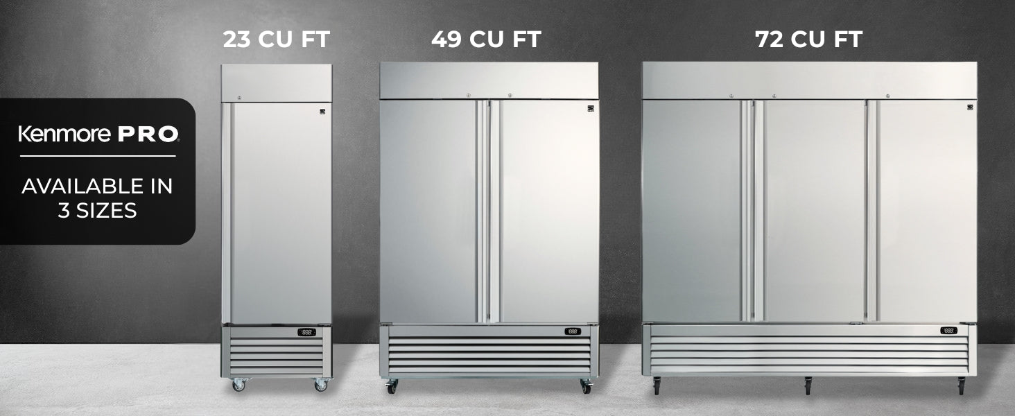 Three sizes of Kenmore Pro stainless steel solid door commercial freezers