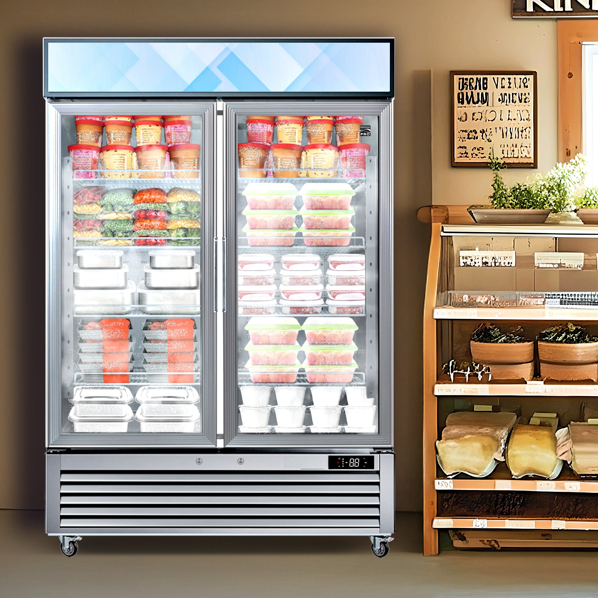 Kenmore Pro commercial reach-in glass door display freezer filled with frozen food products in a retail setting with displays of fruits and vegetables on either side