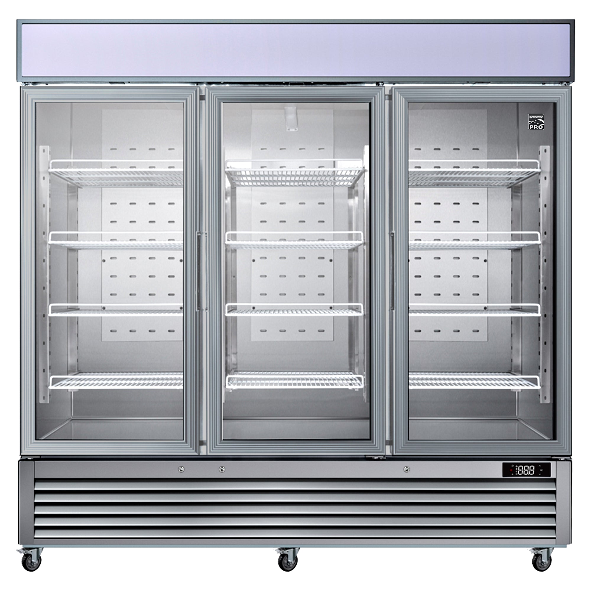 Kenmore Pro swing glass door merchandiser freezer, closed, on a white background