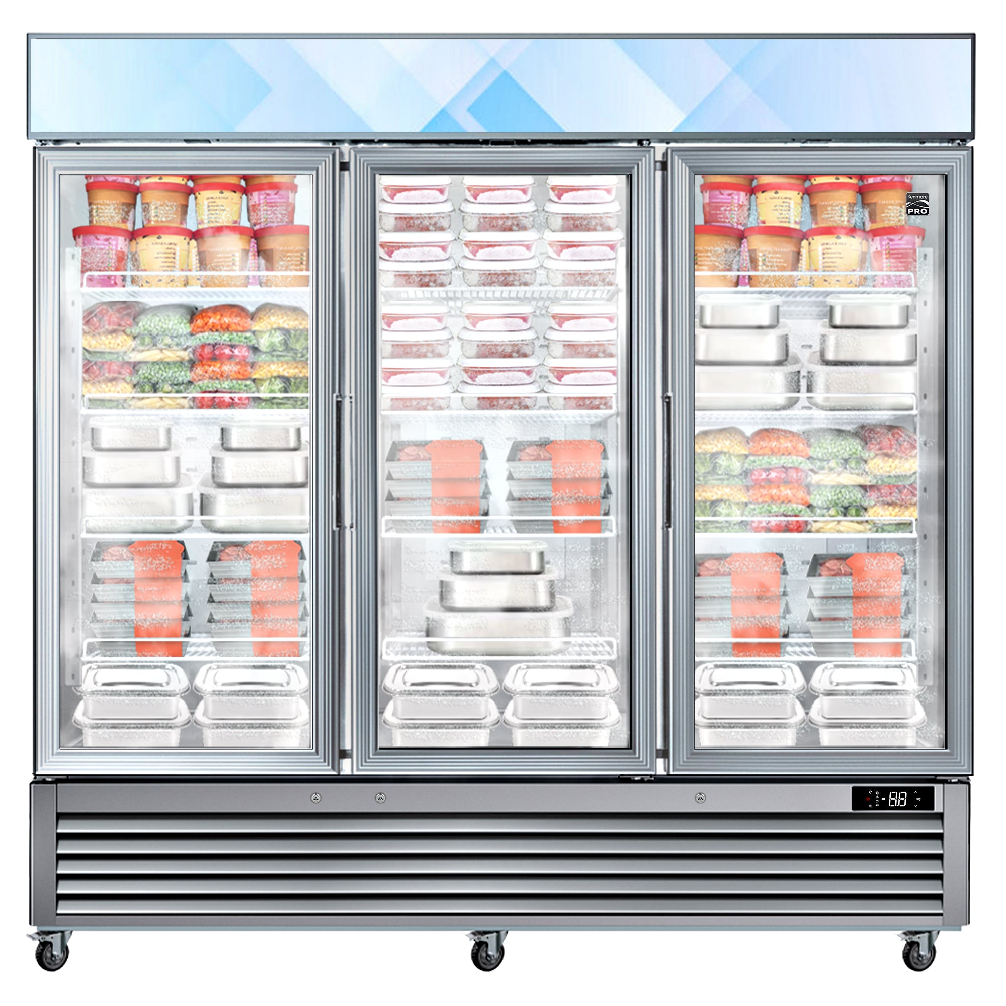 Kenmore Pro glass door convertible commercial fridge/freezer filled with frozen food products on a white background.