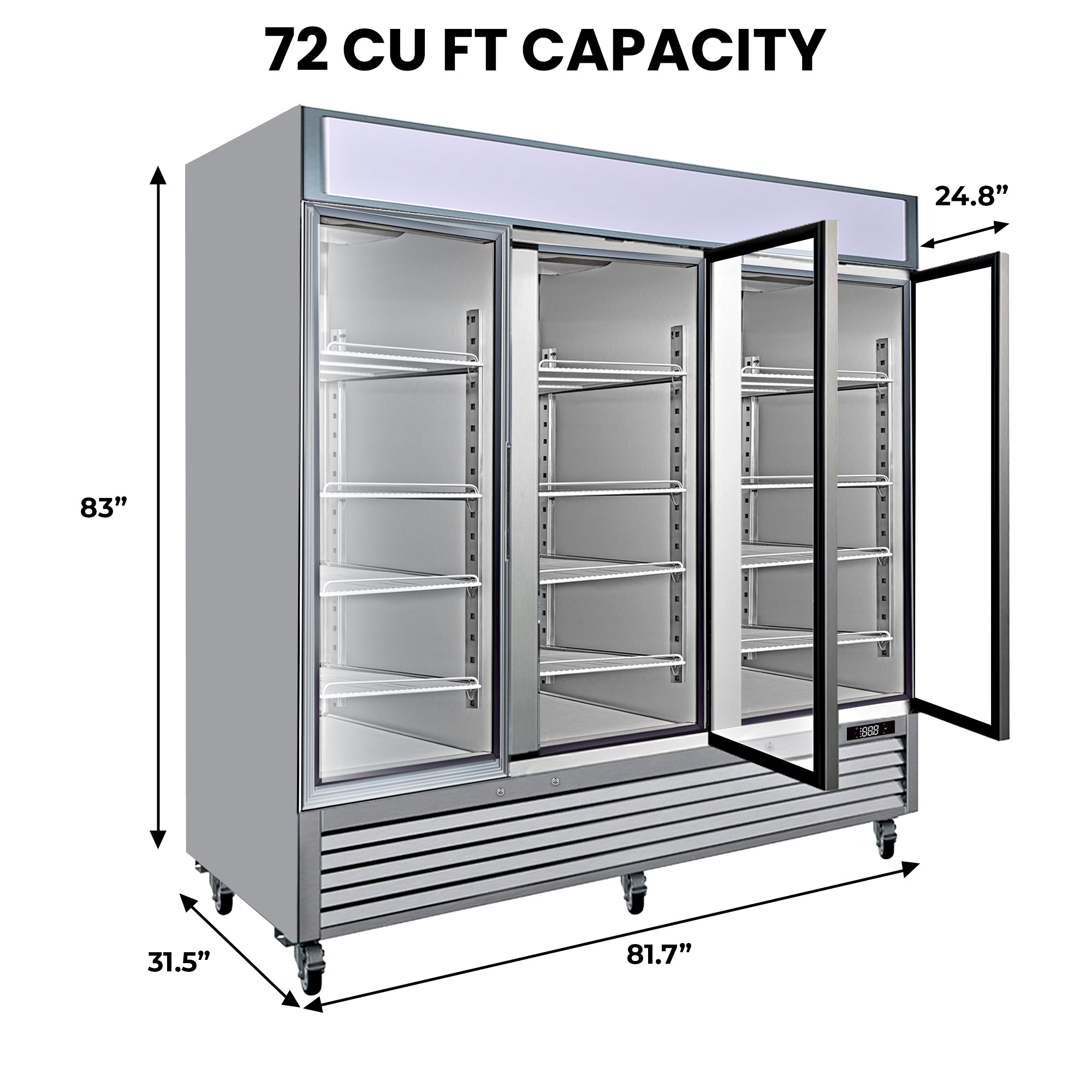 Kenmore Pro commercial reach-in glass door commercial freezer with built-in ad panel lightbox display on a white background with dimensions and capacity listed.