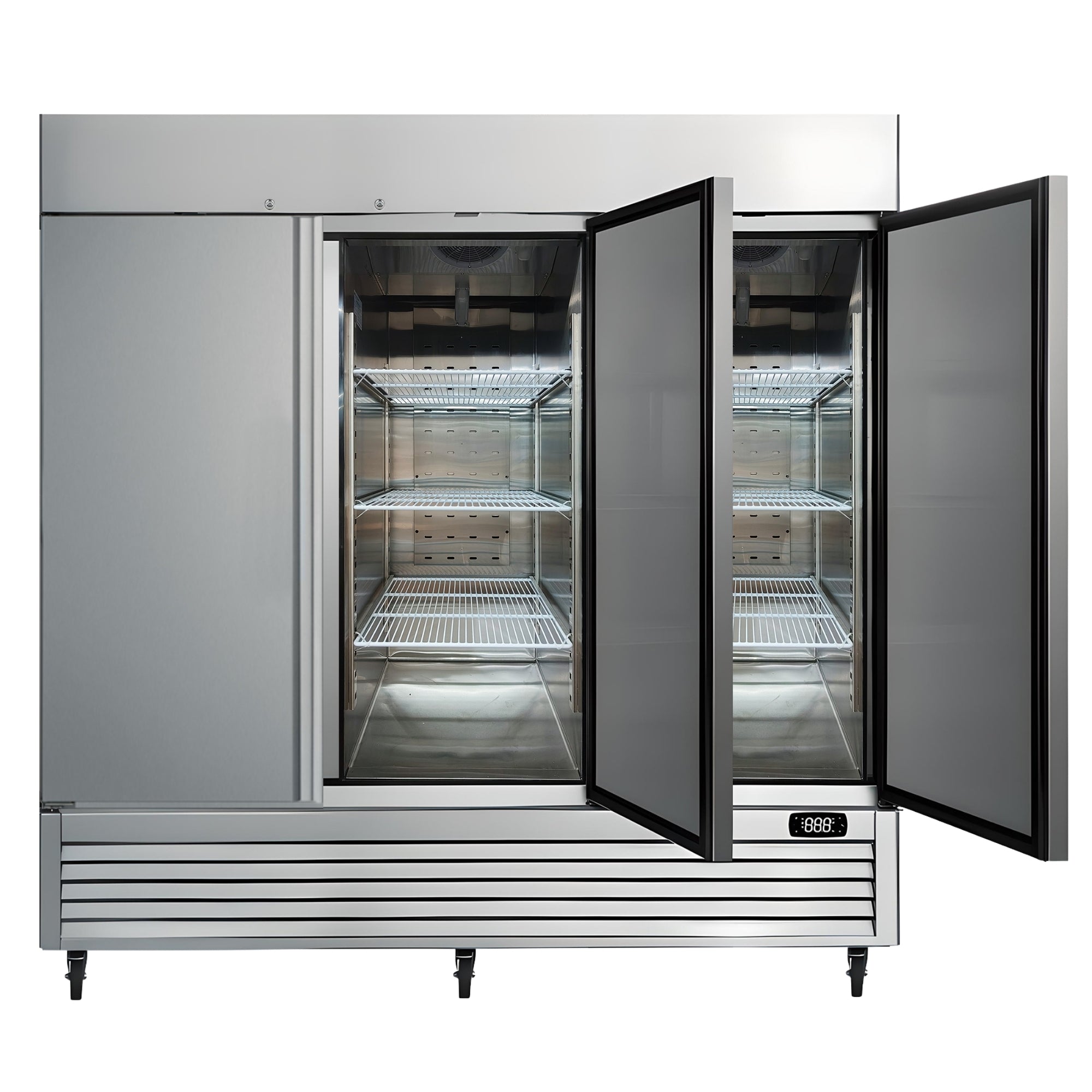 Kenmore Pro commercial reach-in solid door stainless steel convertible freezer/refrigerator with one door open, on a white background