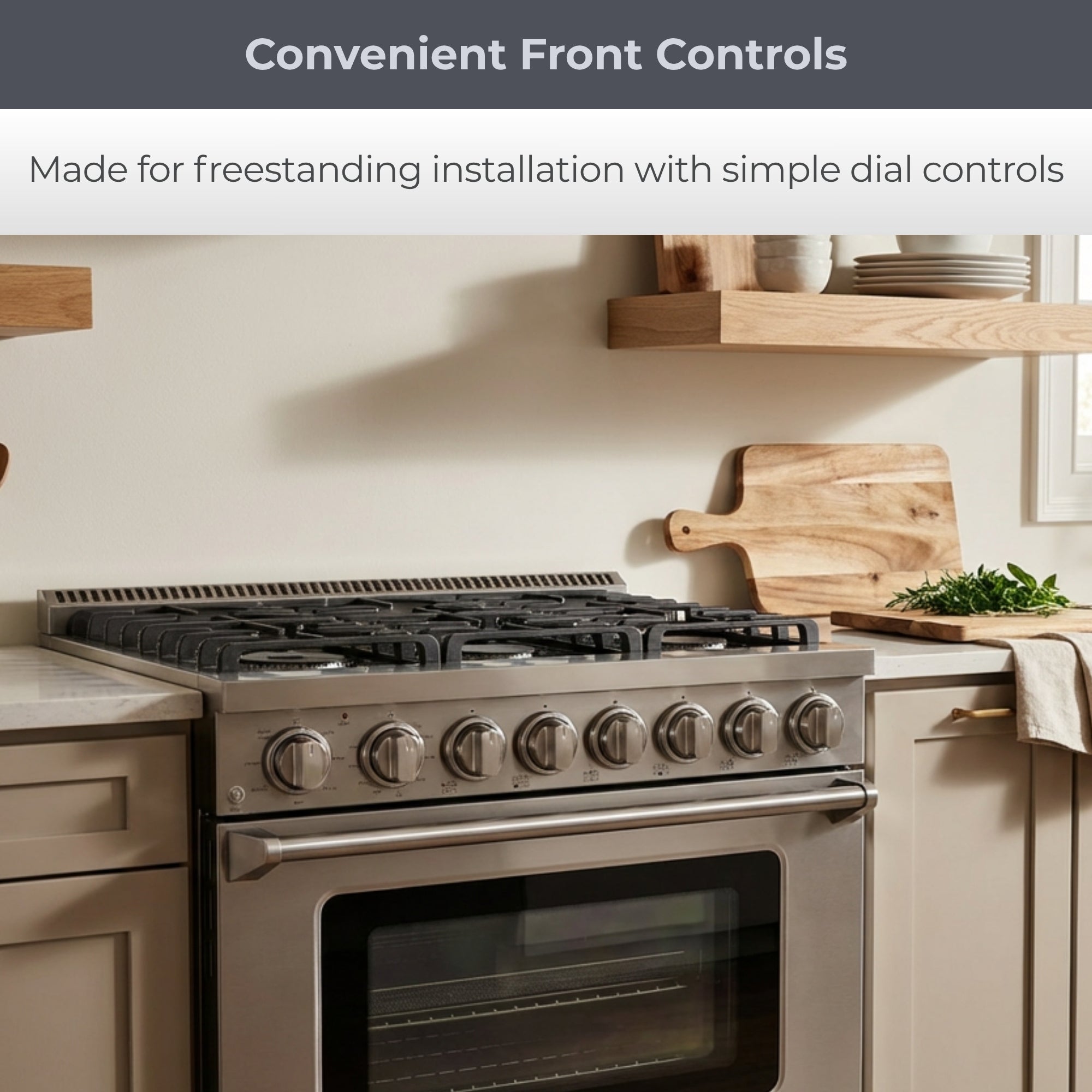 Closeup of Kenmore PRO stainless steel front-control range installed in a bright modern kitchen. Text above reads, "Convenient Front Controls: Made for freestanding installation with simple dial controls."