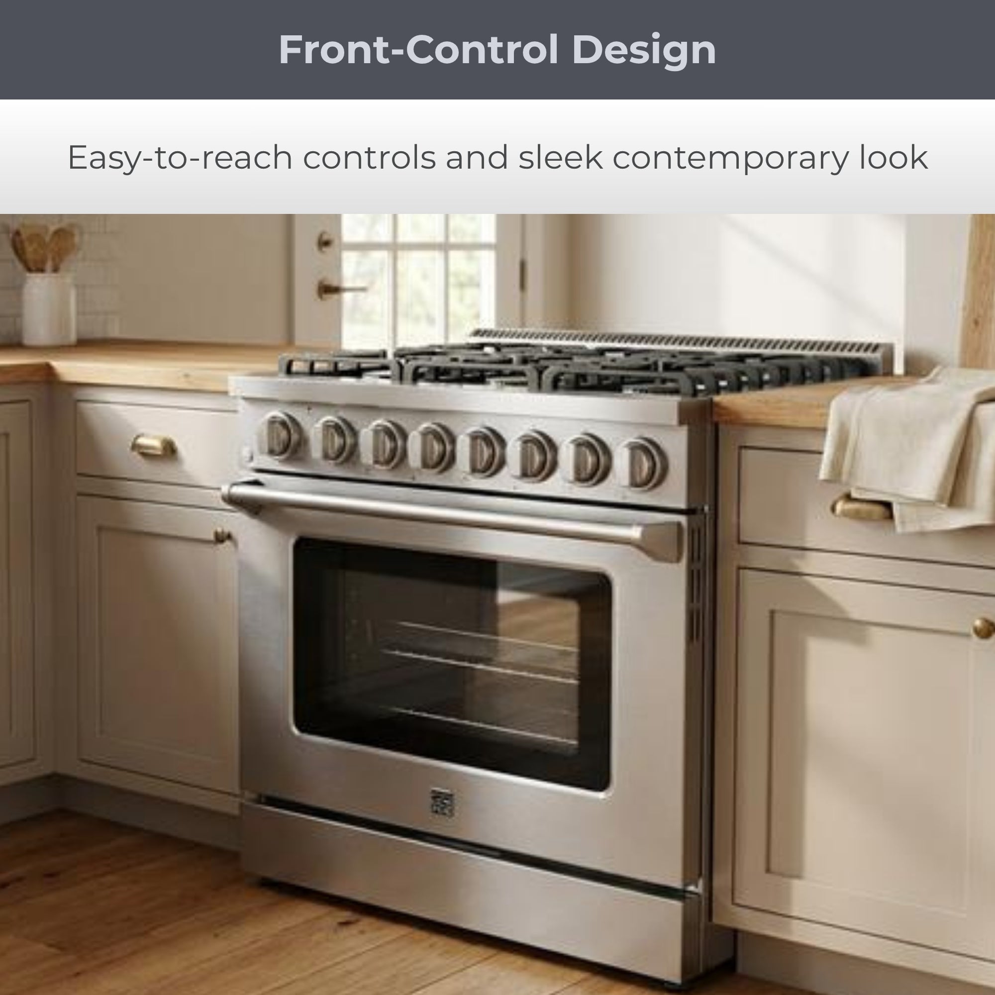 Closeup of Kenmore PRO stainless steel front-control range installed in a bright modern kitchen. Text above reads, "Front Control Design: Easy-to-reach controls and sleek contemporary look " 