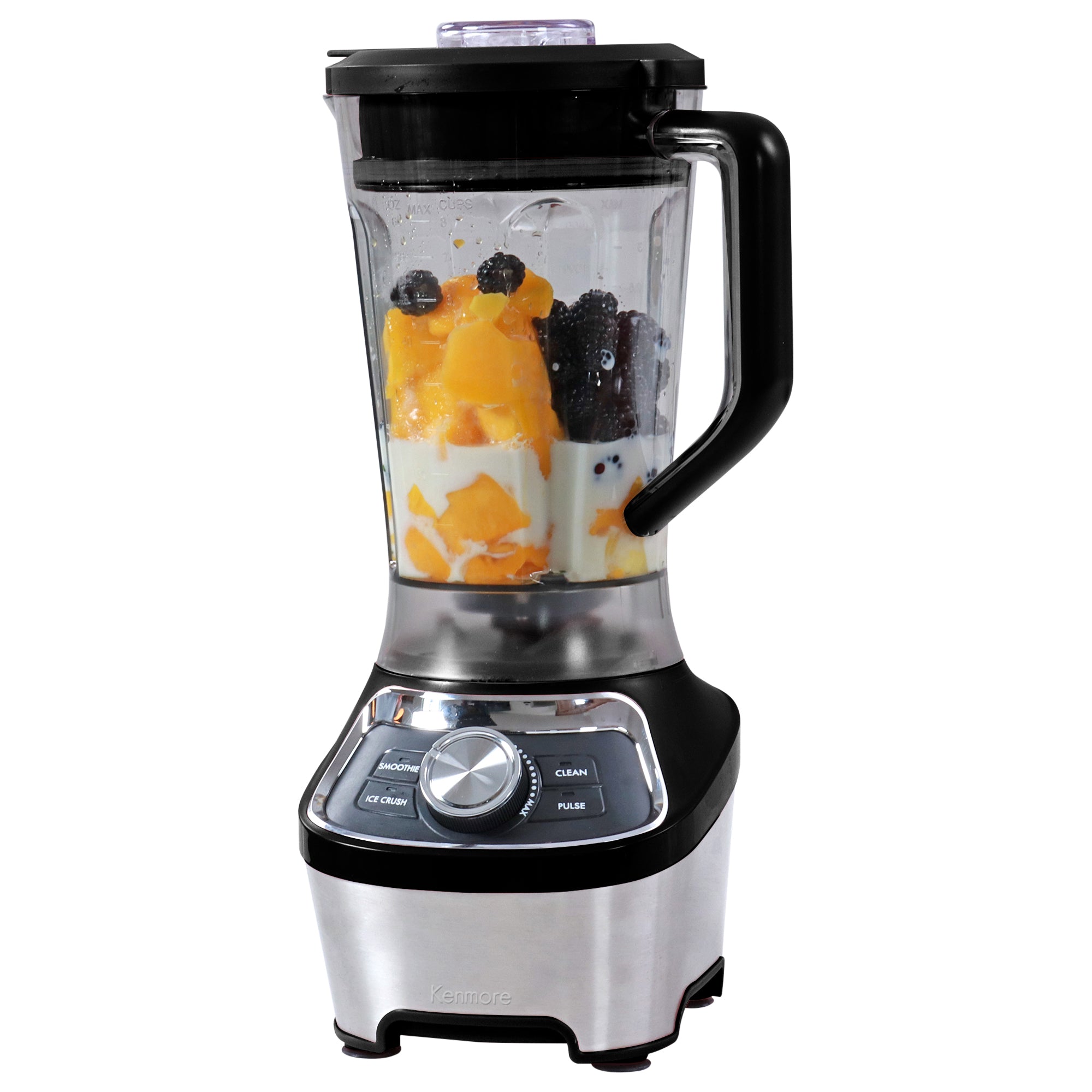 Kenmore 8-cup countertop blender filled with smoothie ingredients on a white background.