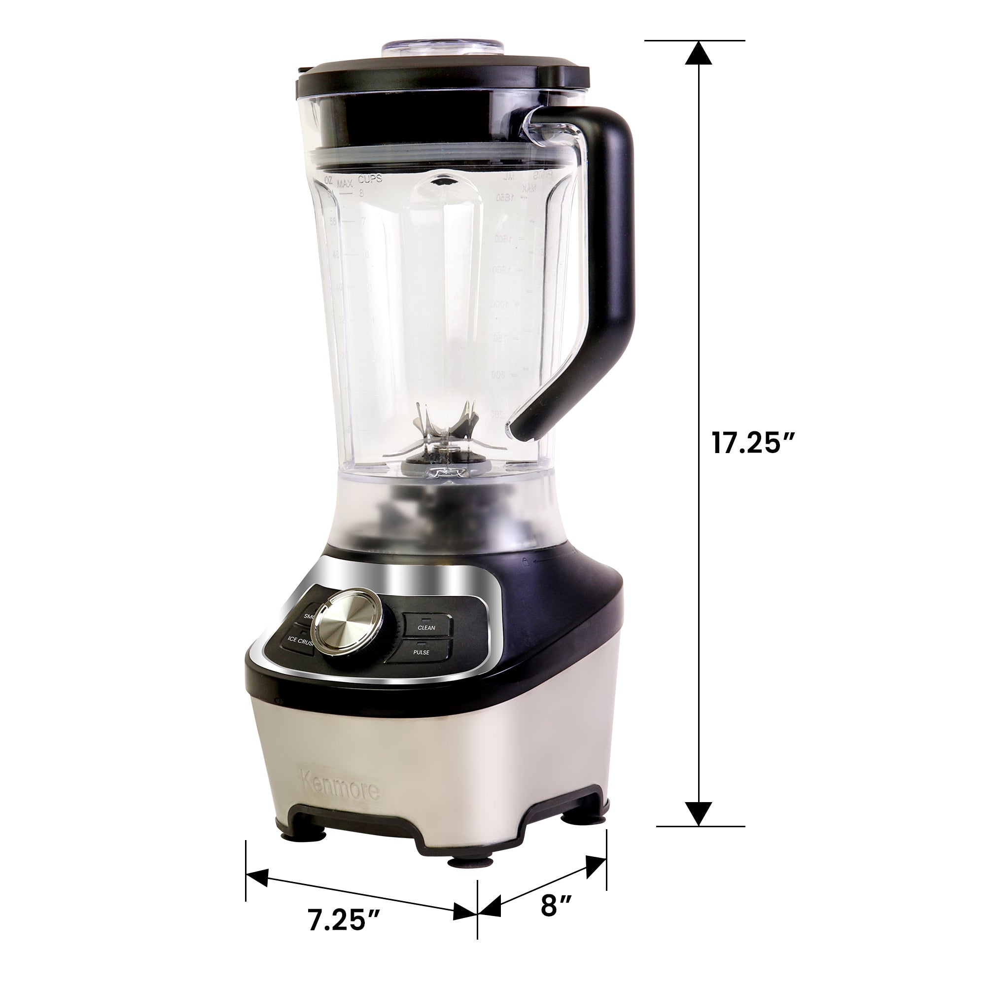 Kenmore countertop blender on a white background with dimensions listed.