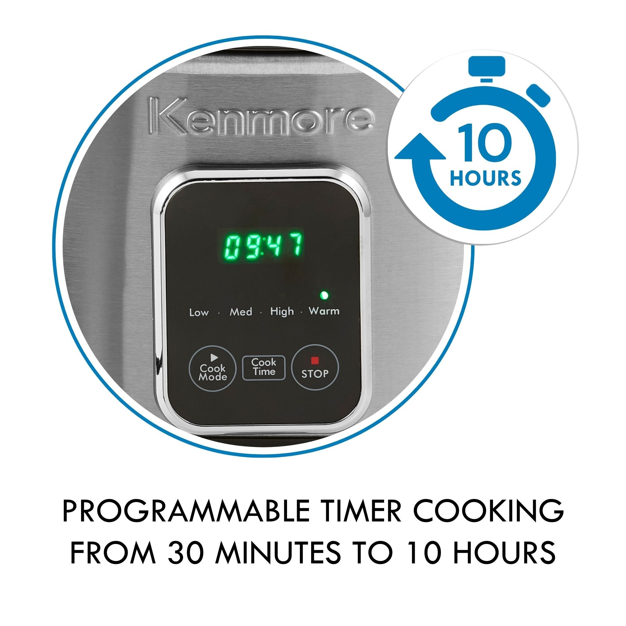 Closeup image of control panel and digital display with "10 hours" icon overlaid and text below reading, "Programmable timer cooking from 30 minutes to 10 hours"